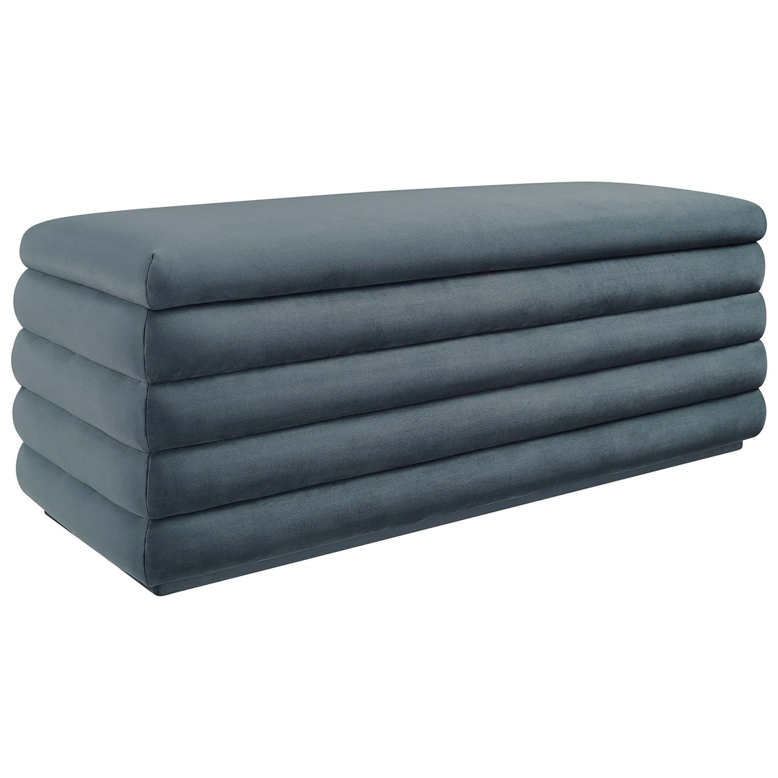 Sleek performance velvet bench in cadet blue with horizontal channeling and soft, rounded edges. || EEI-6664-CAB || front_angle_studio
