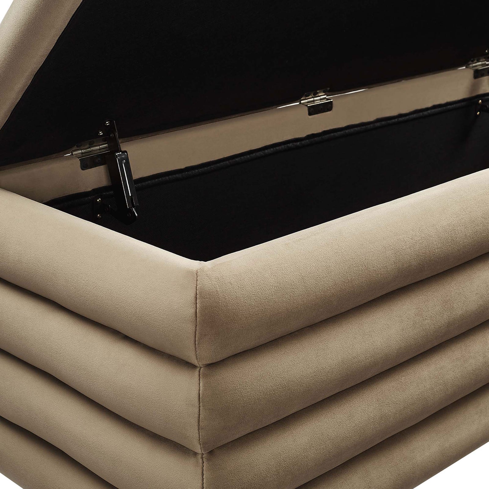 Stay-open hinges and soft velvet upholstery at the corner. || EEI-6664-TAU || detail_studio