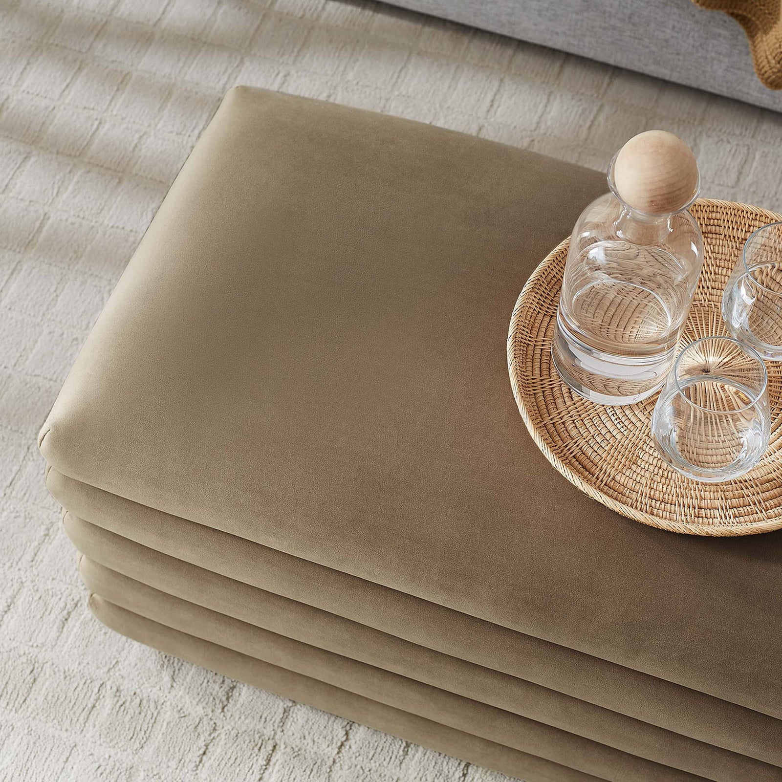Velvety taupe top provides a smooth, inviting surface for decor and everyday essentials. || EEI-6664-TAU || detail_room