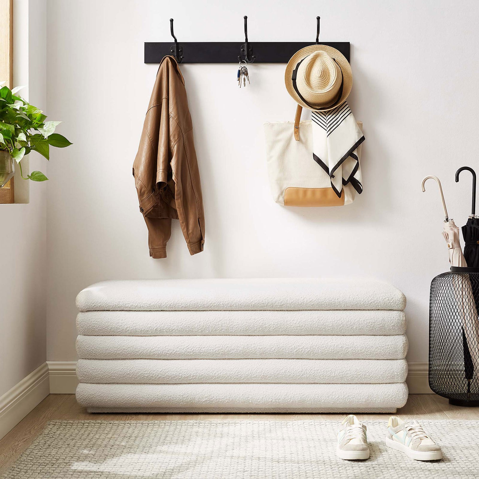 Cloud boucle bench adds soft texture and everyday utility to an entryway setting || EEI-6665-CLO || front_room