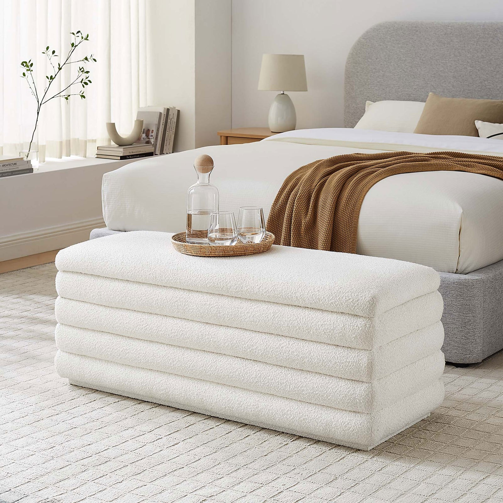 Chic bedroom accent bench in cloud boucle, perfect for extra seating and hidden storage || EEI-6665-CLO || front_angle_room