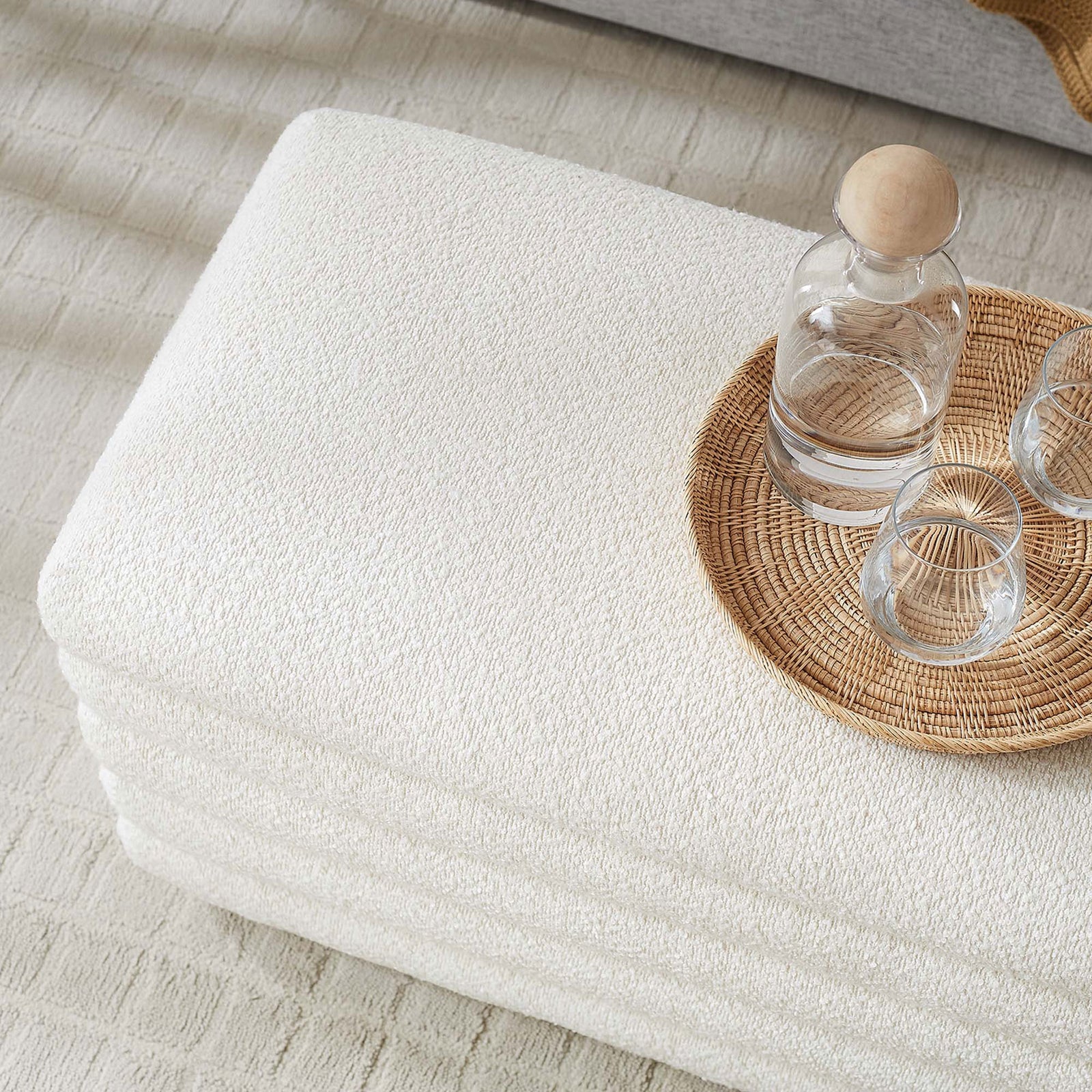 Textured boucle top provides a soft landing spot for trays and decor || EEI-6665-CLO || detail_room