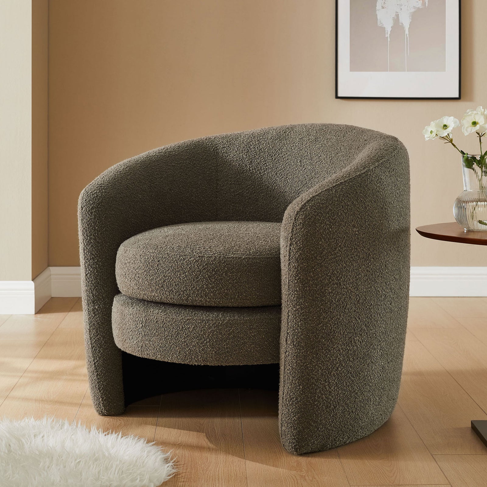Pebble boucle barrel chair adds soft texture and sculptural curves to the living room || EEI-6666-PEB || front_room