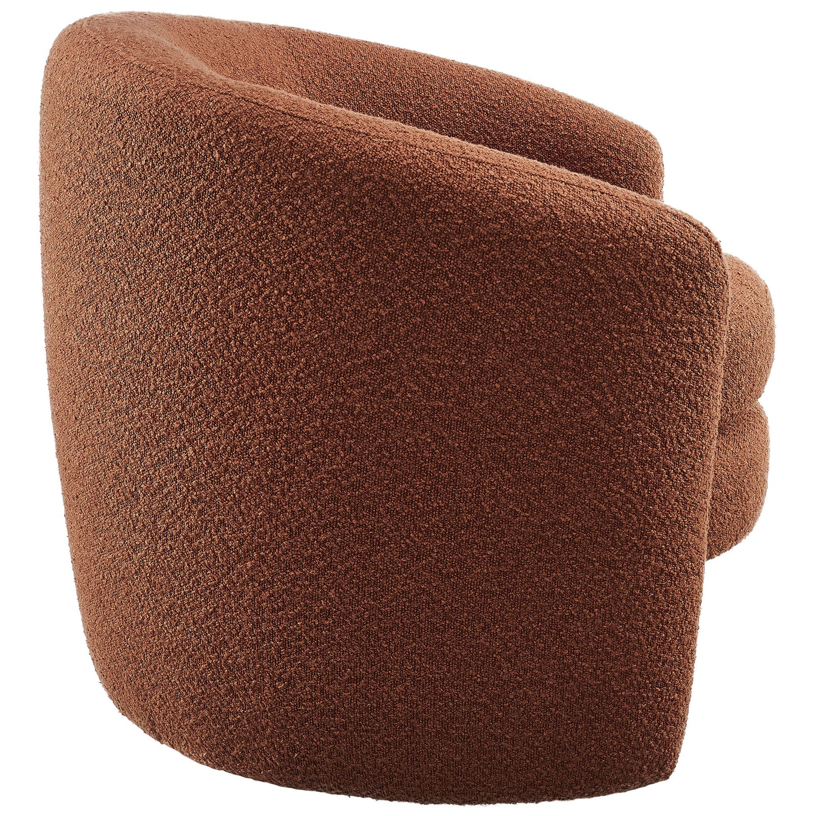 Sculpted barrel back wrapped in richly textured rust boucle upholstery || EEI-6666-RUS || back_angle_studio