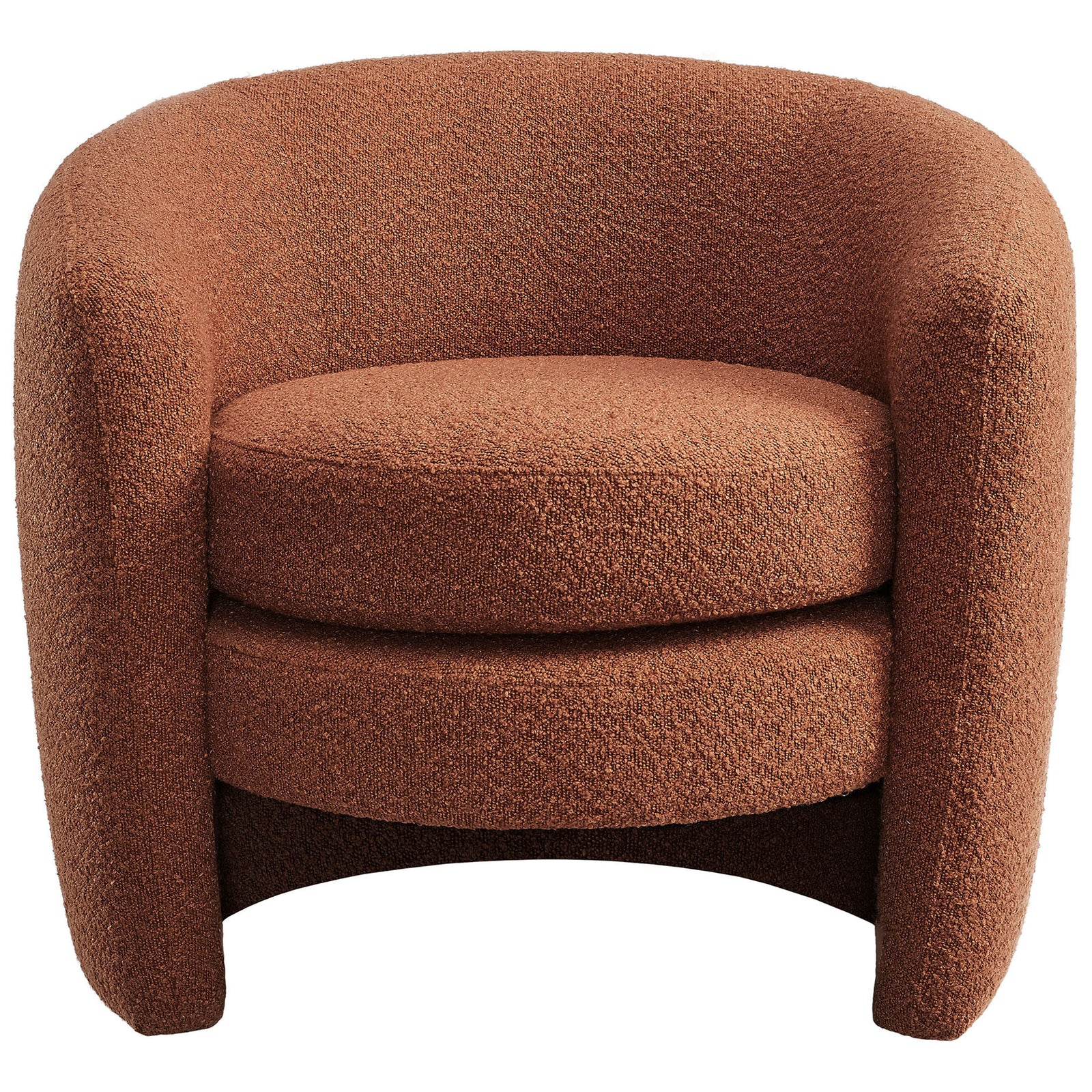 Welcoming rust boucle accent chair with rounded arms and a thick, supportive seat cushion || EEI-6666-RUS || front_studio