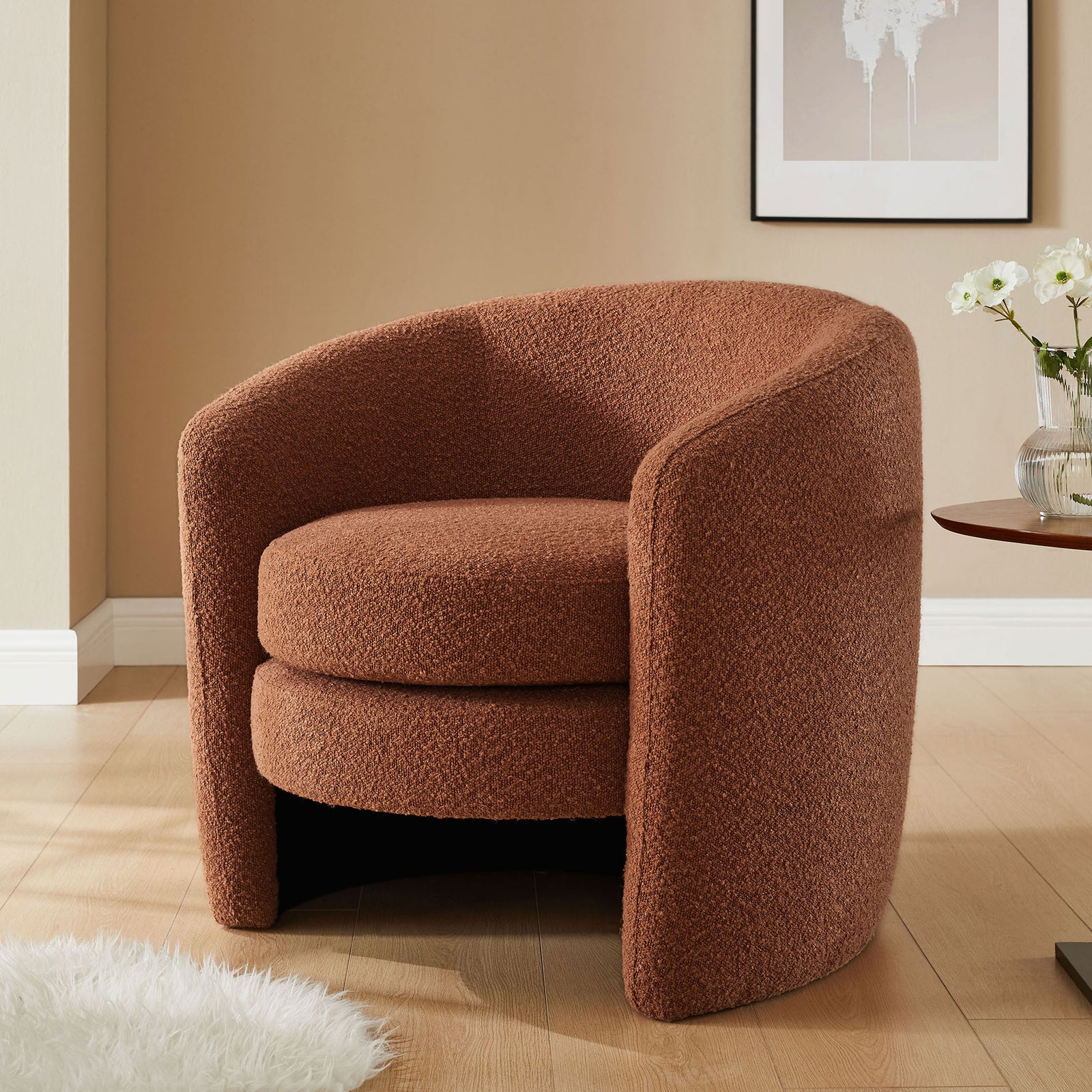 Statement rust boucle barrel chair adds warmth and plush comfort to any living space || EEI-6666-RUS || front_angle_room