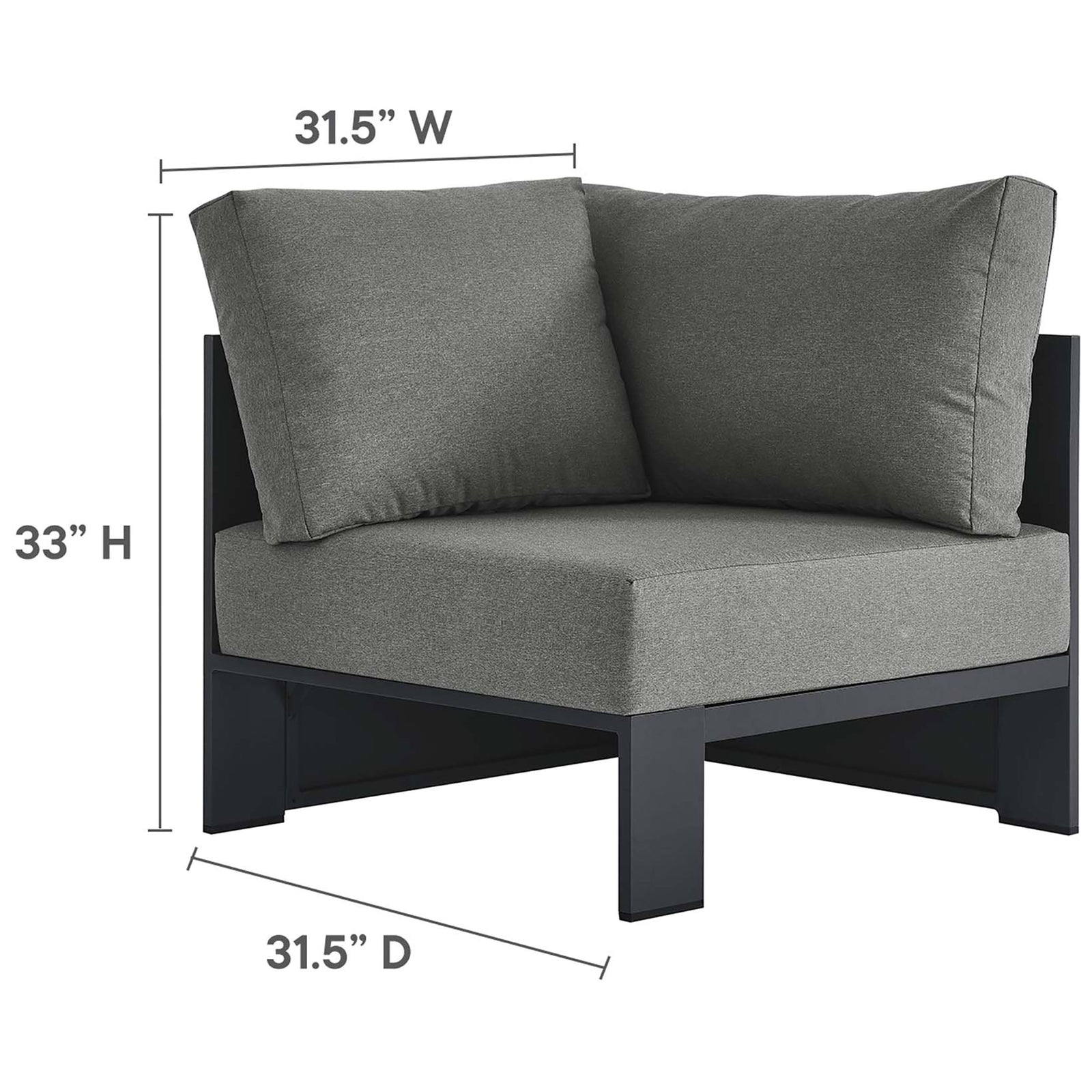 Charcoal corner chair module features thick cushions and clean modern lines for modular patio seating || EEI-6668-GRY-CHA || dimension_studio