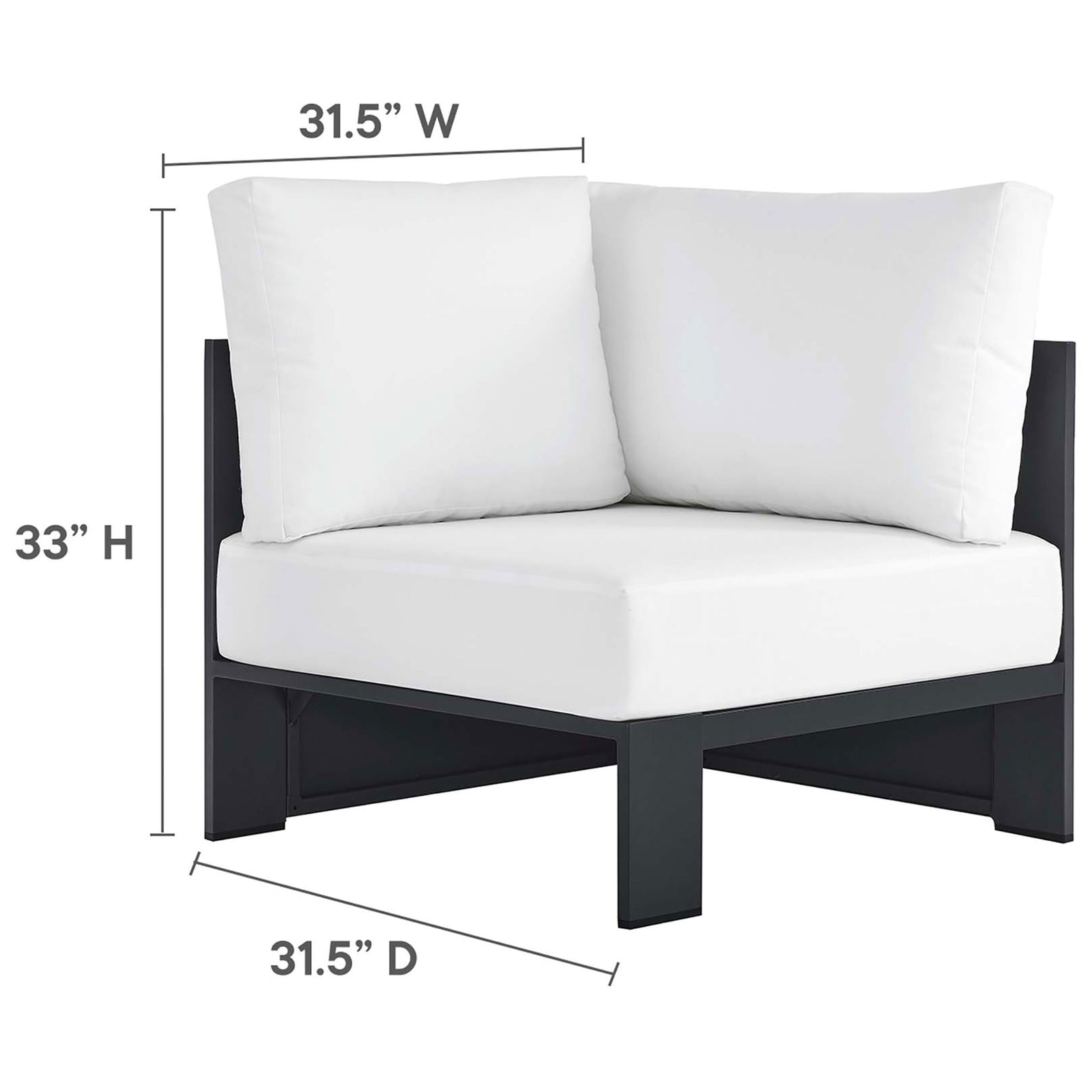 White corner chair module features thick cushions and clean modern lines for modular patio seating || EEI-6668-GRY-WHI || dimension_studio