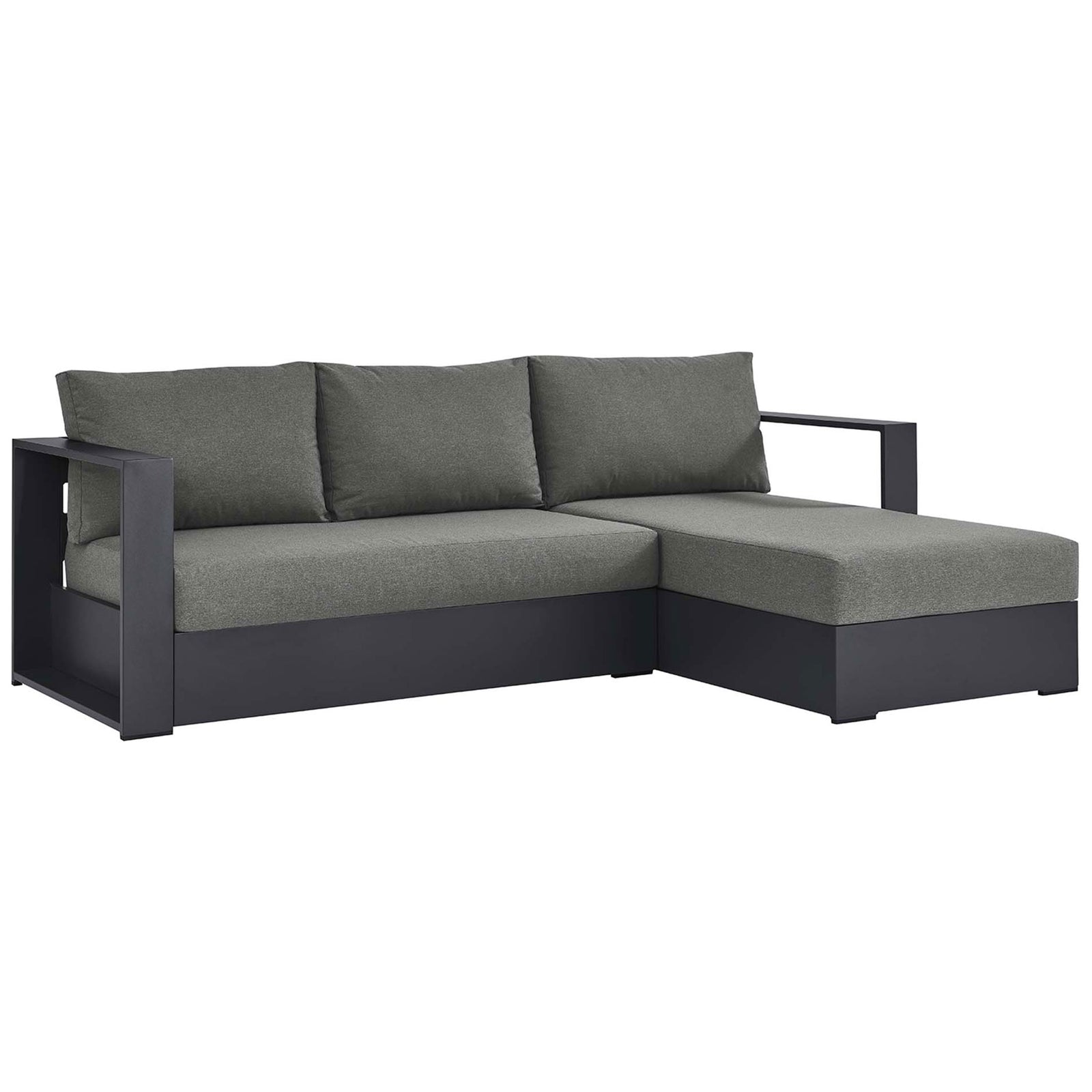 Streamlined right-chaise outdoor sectional with wide track arms and smooth charcoal upholstery || EEI-6669-GRY-CHA || front_angle_studio