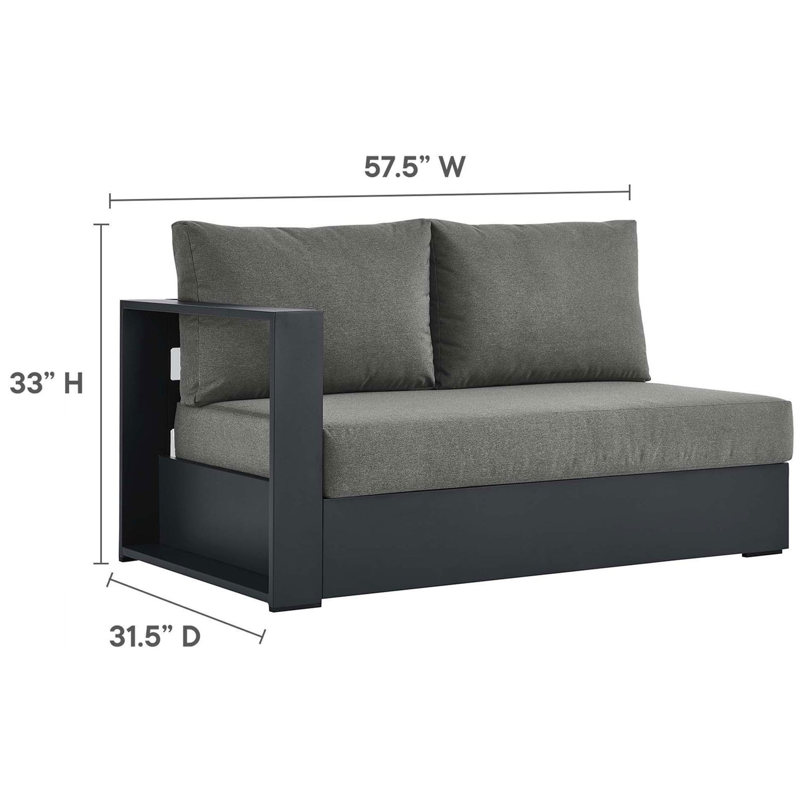 Loveseat module dimensions detail the Tahoe sectional seating width, depth, and back height || EEI-6669-GRY-CHA || dimension_studio