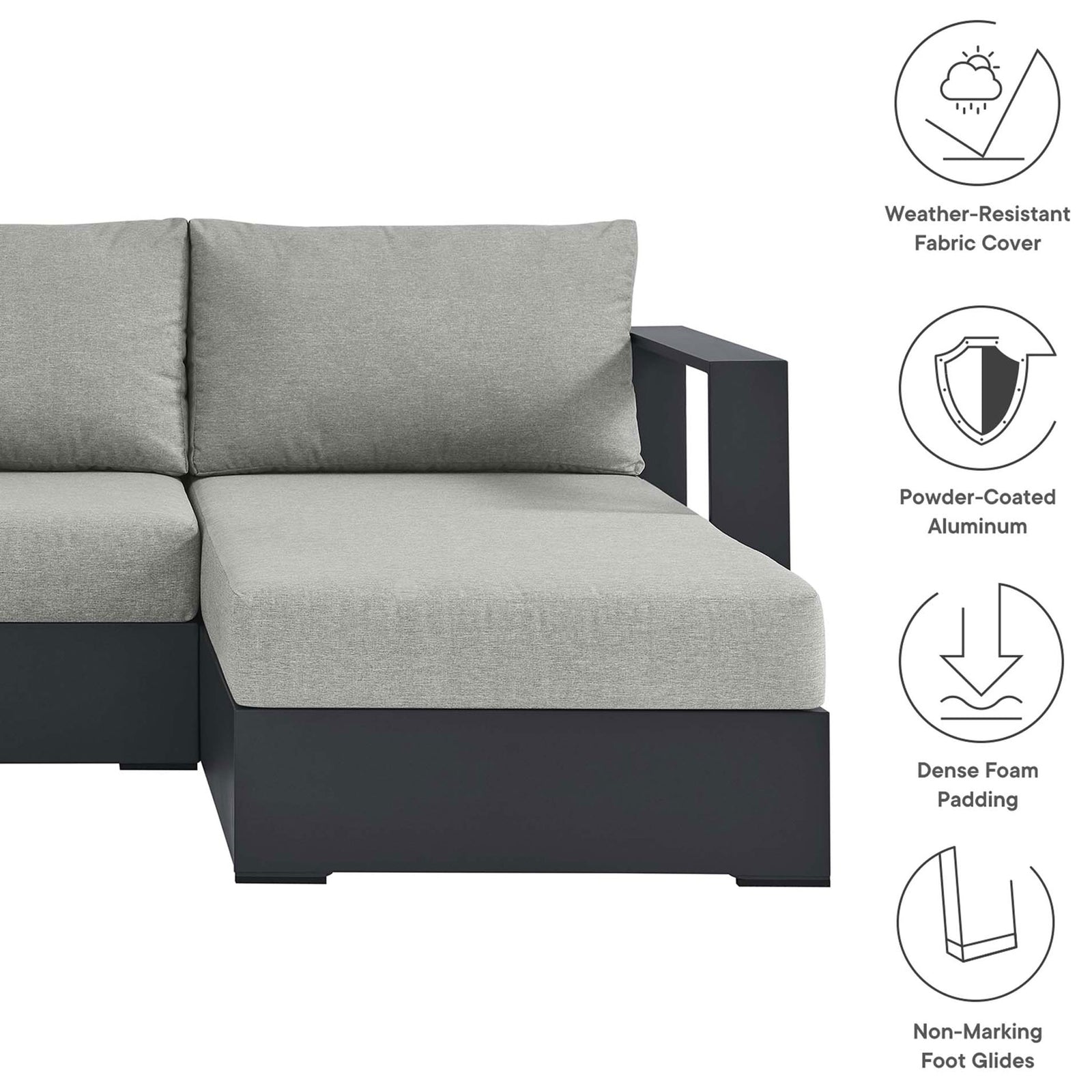 Graphic icons showcase weather-ready fabric, durable aluminum frame, cushioning, and floor-safe feet || EEI-6669-GRY-GRY || callout_studio