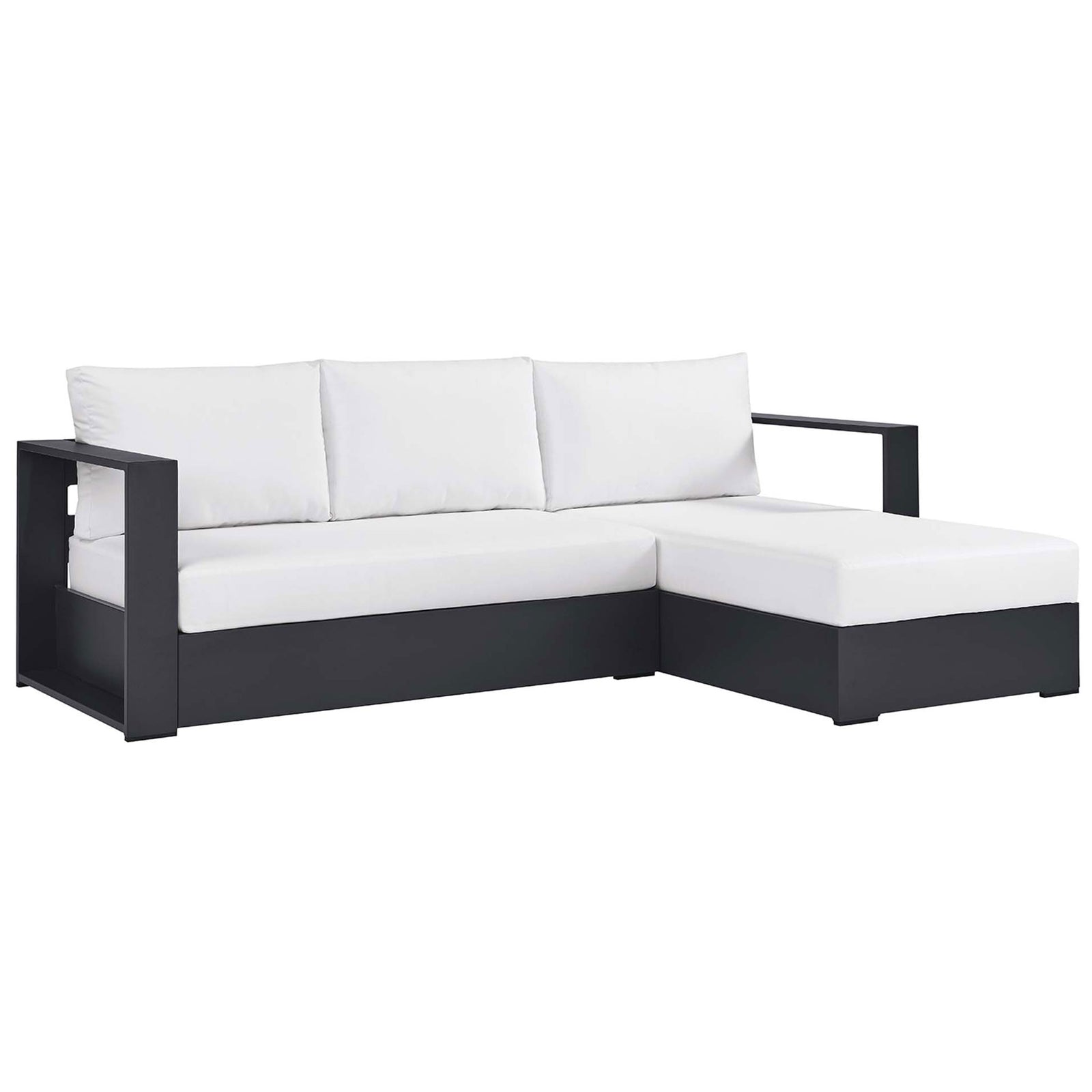 Modern right-chaise sectional showcasing white cushions atop a strong charcoal aluminum base || EEI-6669-GRY-WHI || front_angle_studio