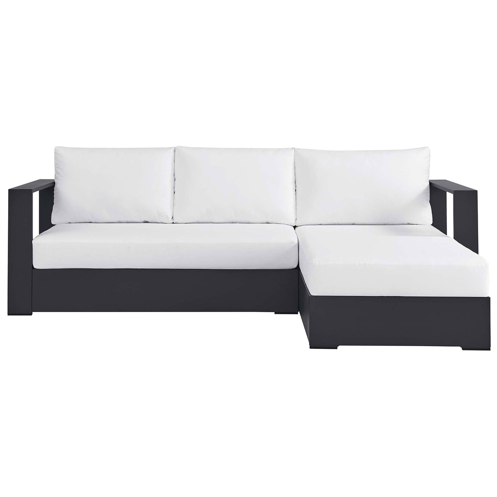 Tahoe outdoor sectional with right chaise, crisp white cushions, and bold geometric arms || EEI-6669-GRY-WHI || front_studio
