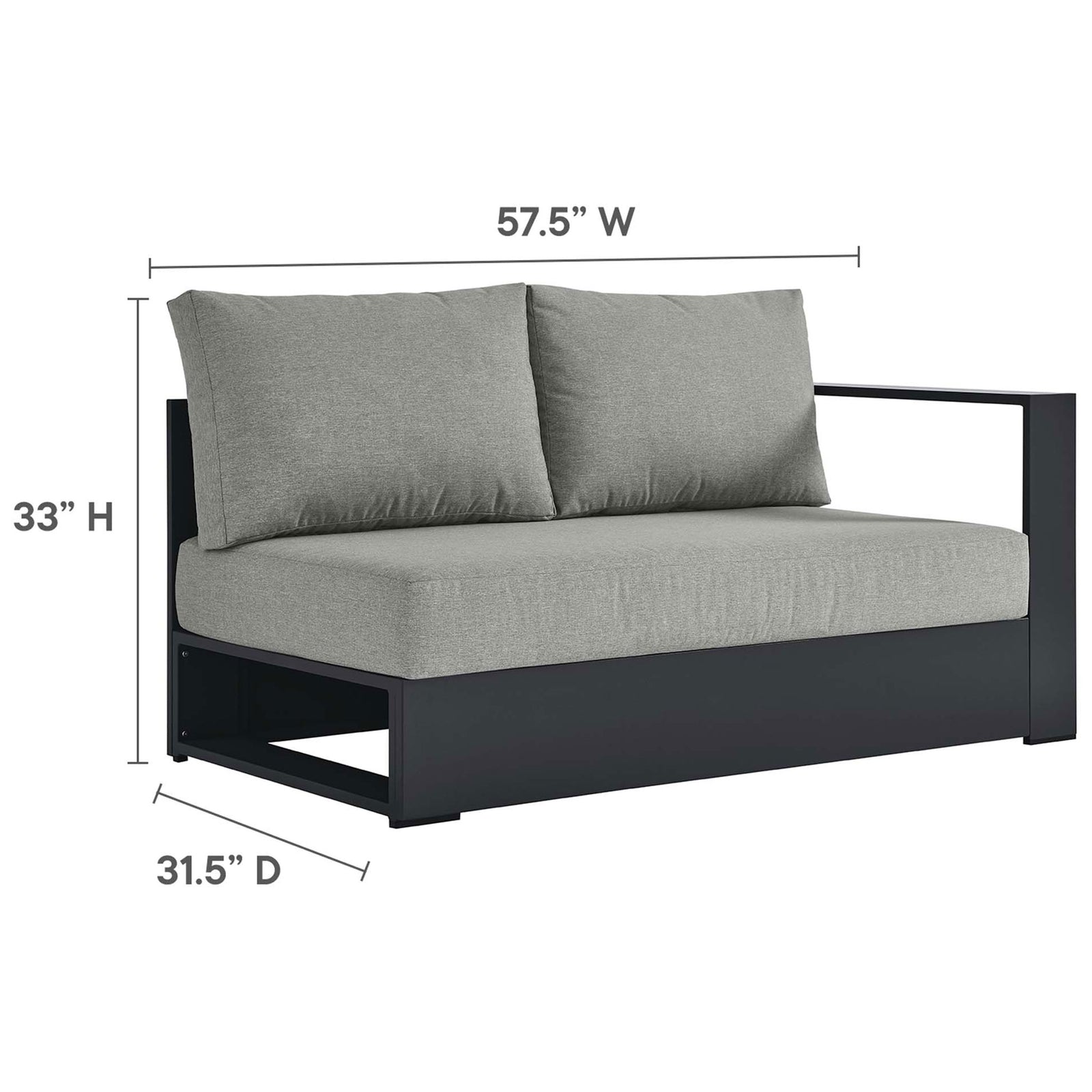 Loveseat section dimensions describe roomy seating space and balanced low-rise silhouette || EEI-6670-GRY-GRY || dimension_studio