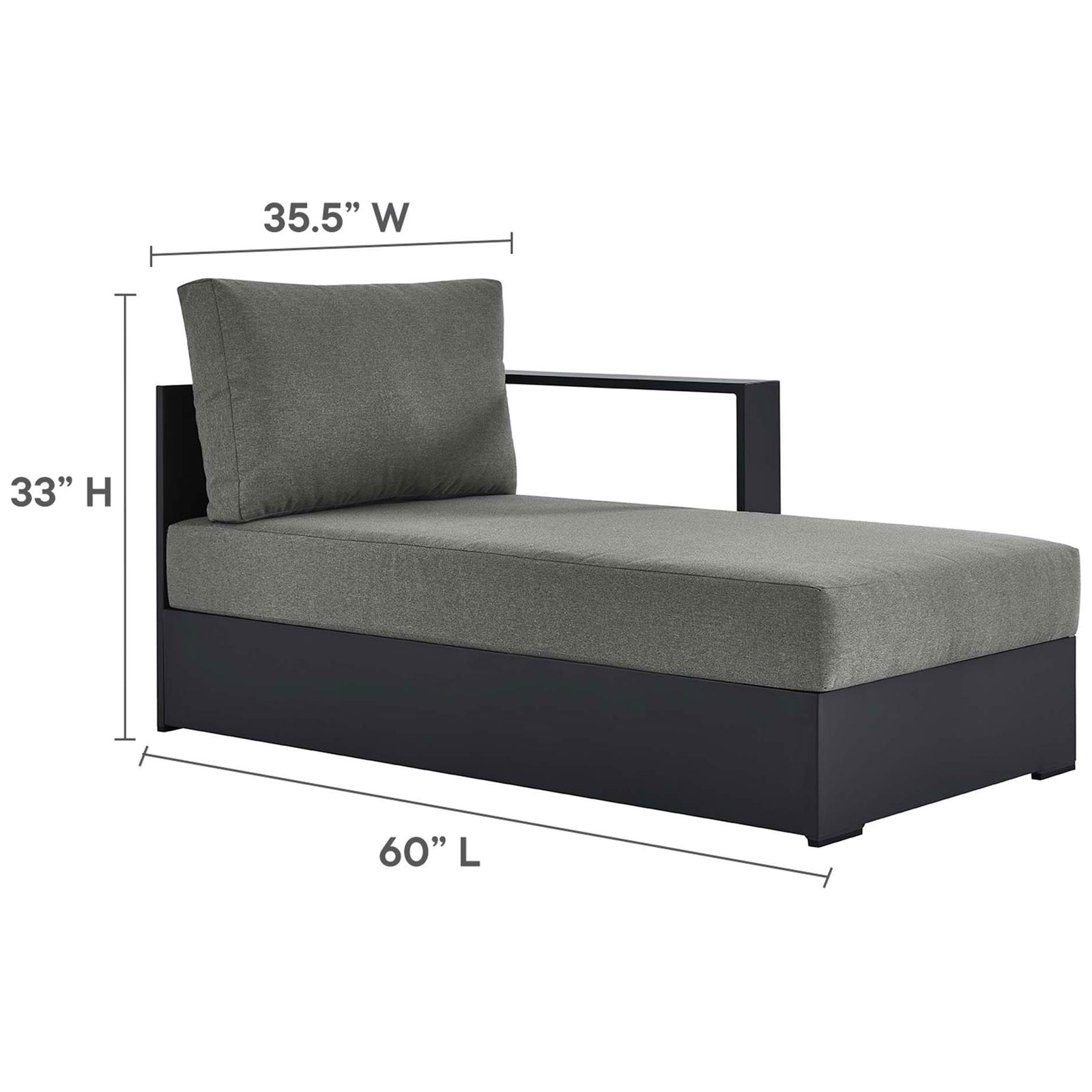 Right facing chaise lounge module featuring an extended seat and labeled length, width, and height || EEI-6671-GRY-CHA || dimension_studio