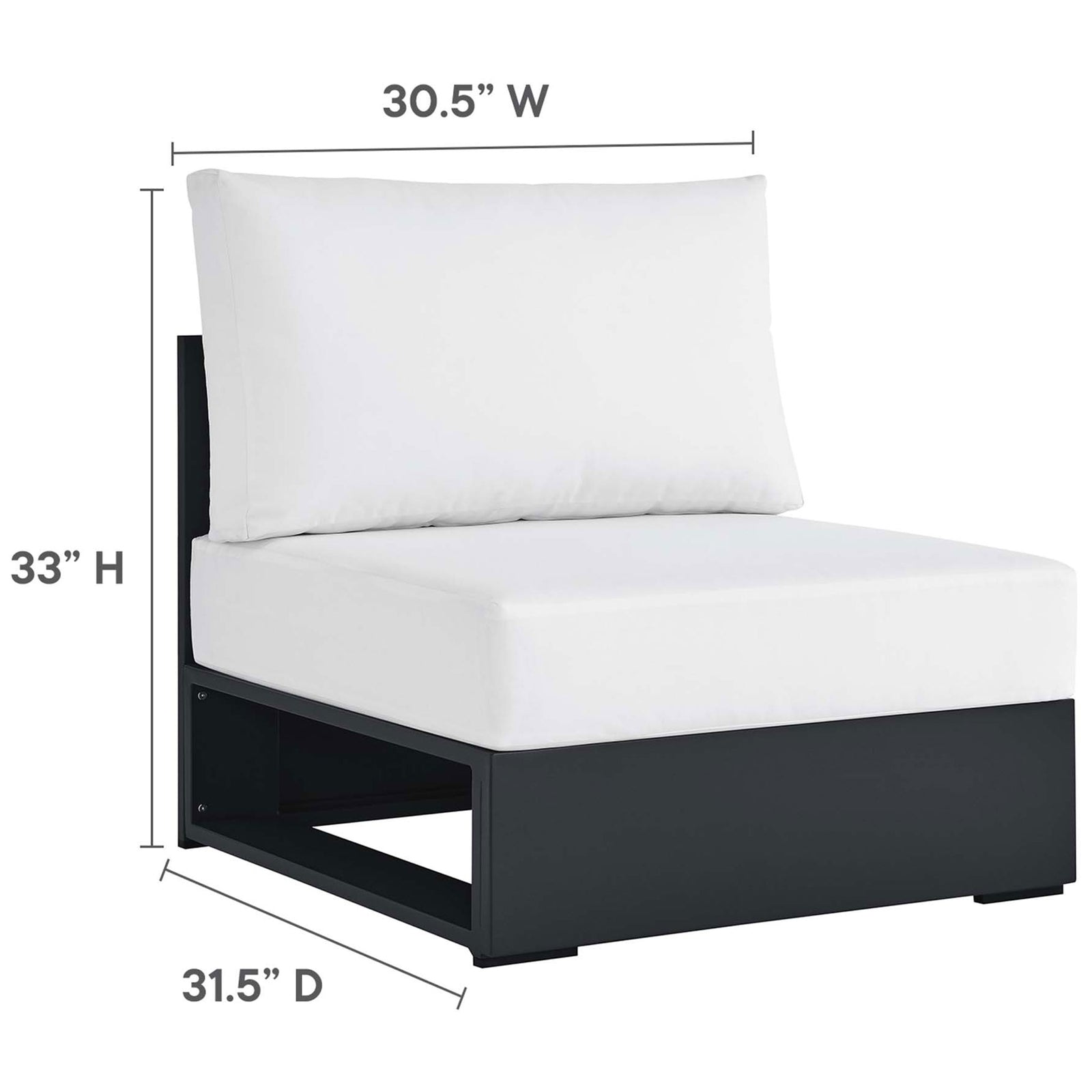 Armless center chair with thick white cushion and clearly indicated overall measurements || EEI-6671-GRY-WHI || dimension_studio