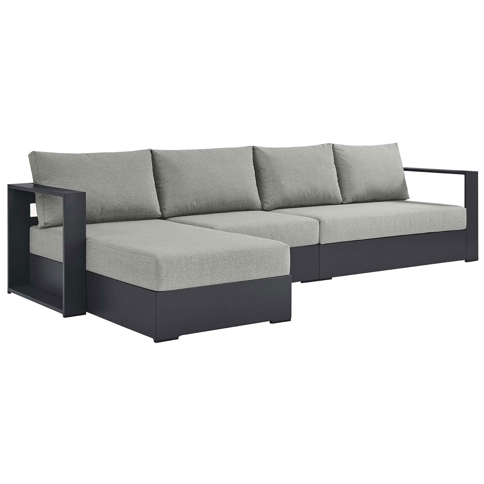 Left facing outdoor chaise sectional in soft gray fabric with crisp modern lines and low arms || EEI-6672-GRY-GRY || front_angle_studio
