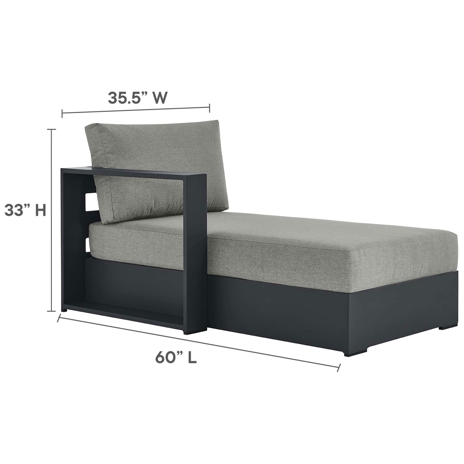 Left facing chaise component with generously cushioned seat and labeled length, width, and height || EEI-6672-GRY-GRY || dimension_studio