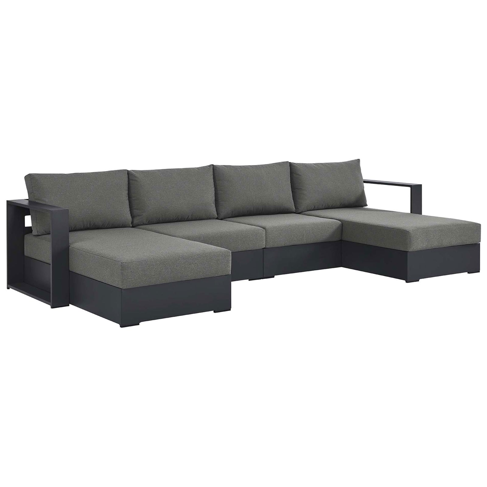 Contemporary outdoor sectional with dark charcoal cushions and sleek low-profile aluminum frame for spacious lounging || EEI-6676-GRY-CHA || front_angle_studio