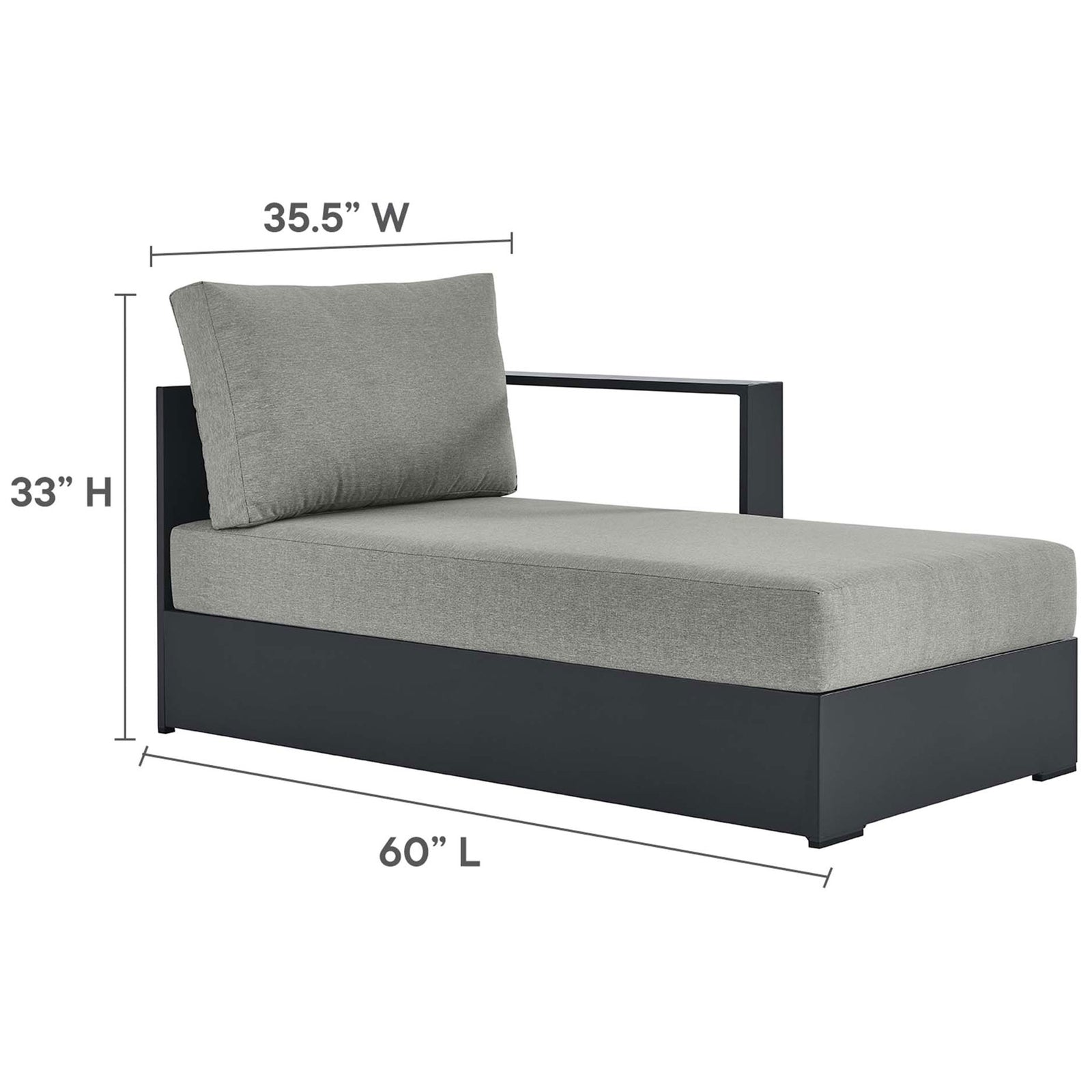 Opposite chaise lounge module with matching gray cushion and dimensions marked for balanced sectional layout || EEI-6676-GRY-GRY || dimension_studio