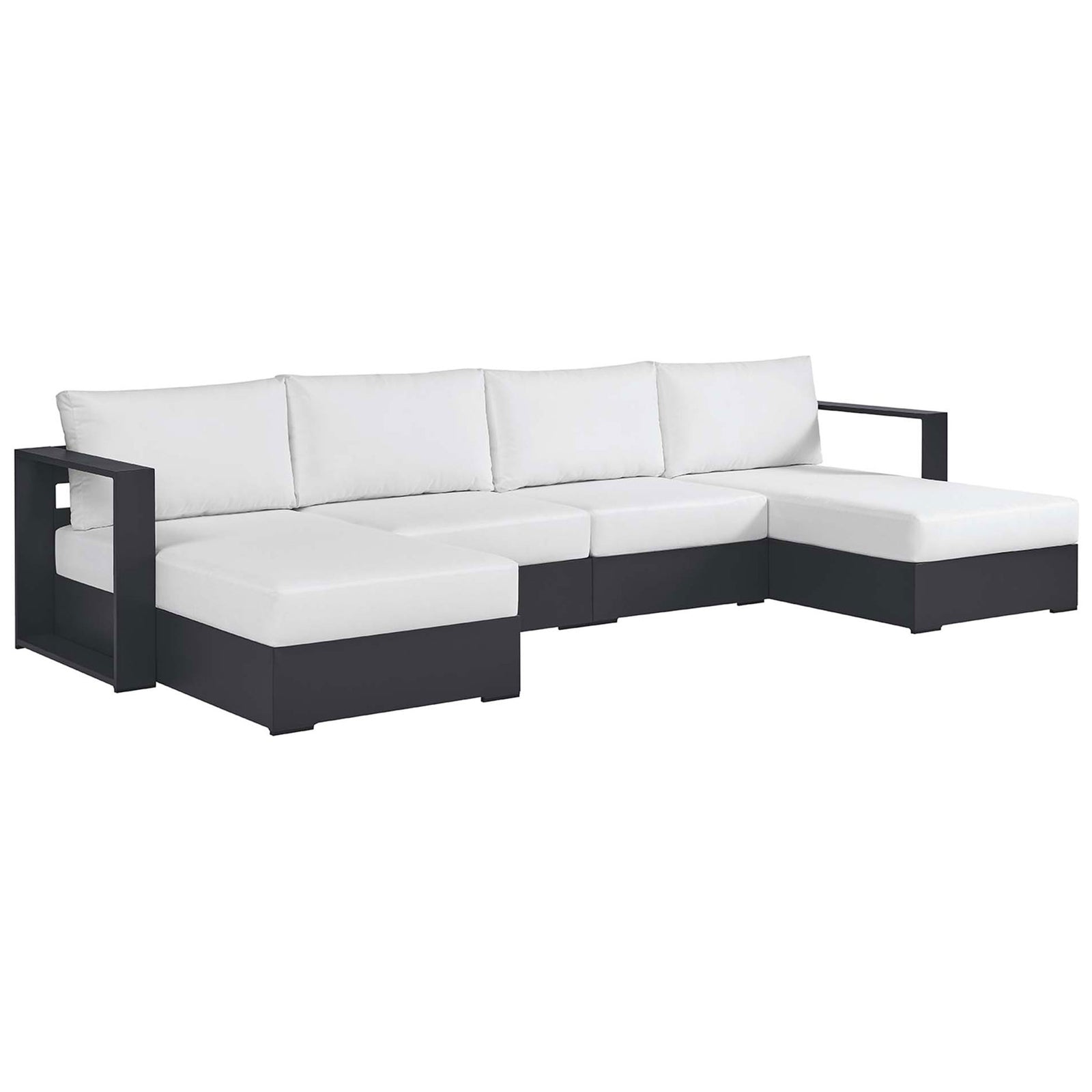 Contemporary outdoor sectional with crisp white cushions and charcoal aluminum base for resort-inspired lounging || EEI-6676-GRY-WHI || front_angle_studio