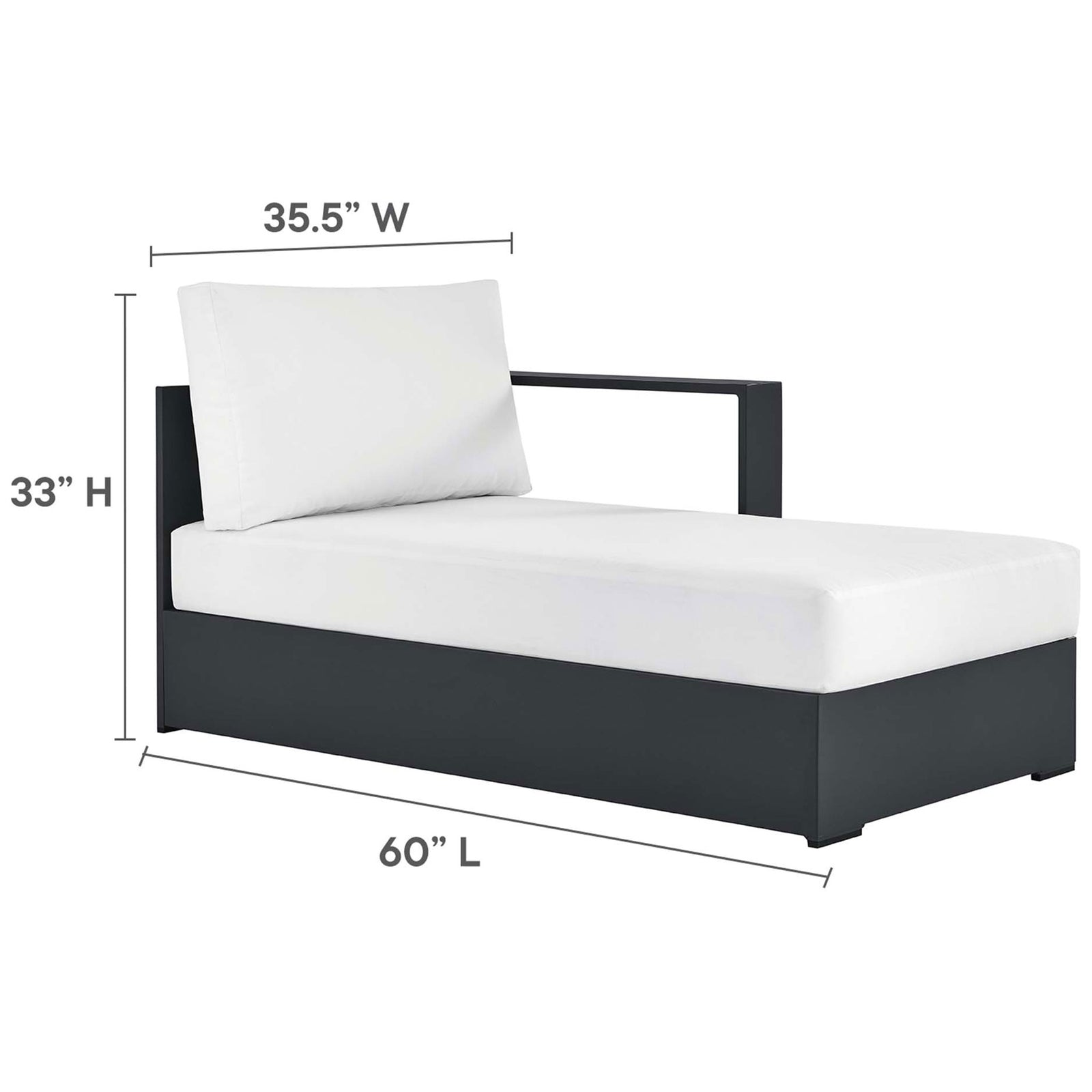 Opposite chaise lounge module with matching white cushion and dimensions marked for balanced sectional layout || EEI-6676-GRY-WHI || dimension_studio