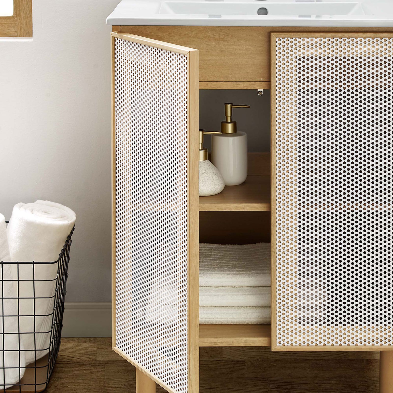 Roomy interior shelving keeps towels and toiletries organized behind push-to-open doors. || EEI-6677-WHI-OAK || storage_open_room