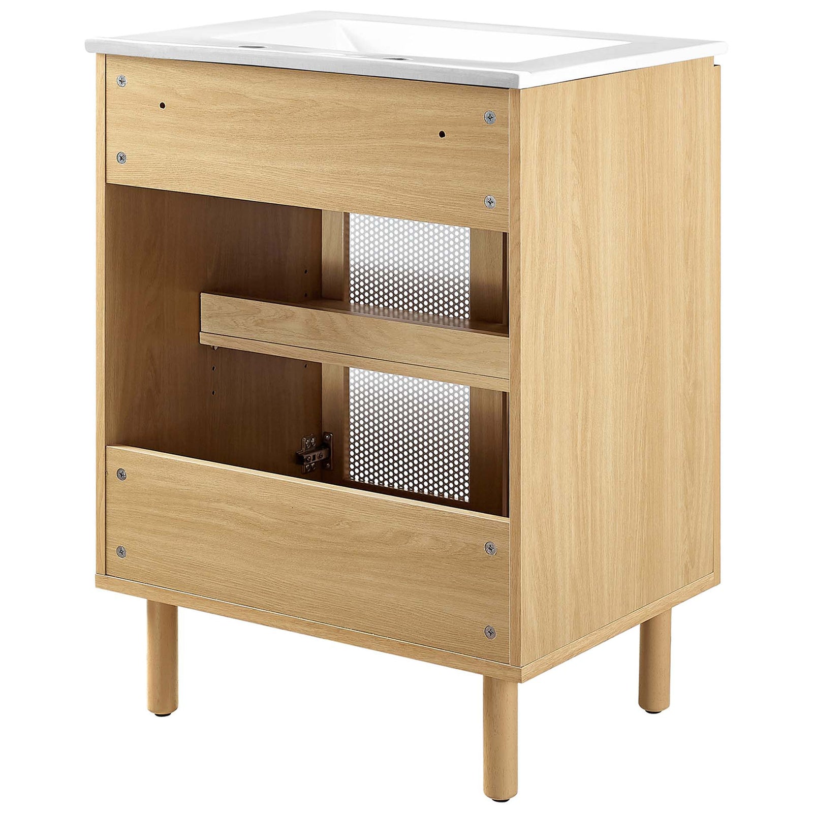 Open back design with adjustable shelf makes plumbing access simple inside the vanity cabinet. || EEI-6677-WHI-OAK || back_angle_studio