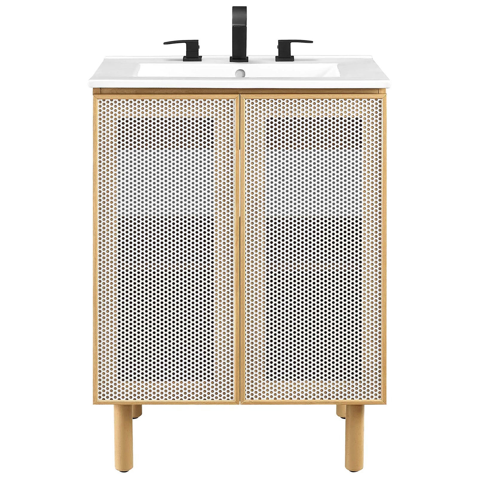 Perforated metal-door vanity with white ceramic sink delivers fresh, minimalist bathroom style. || EEI-6677-WHI-OAK || front_studio