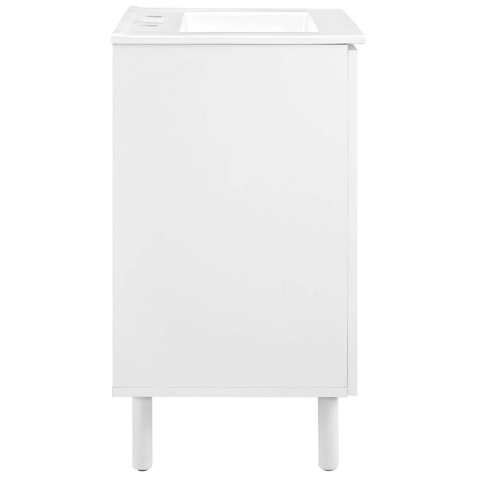 Clean side profile showing the smooth laminate cabinet and tall round legs || EEI-6677-WHI-WHI || side_studio