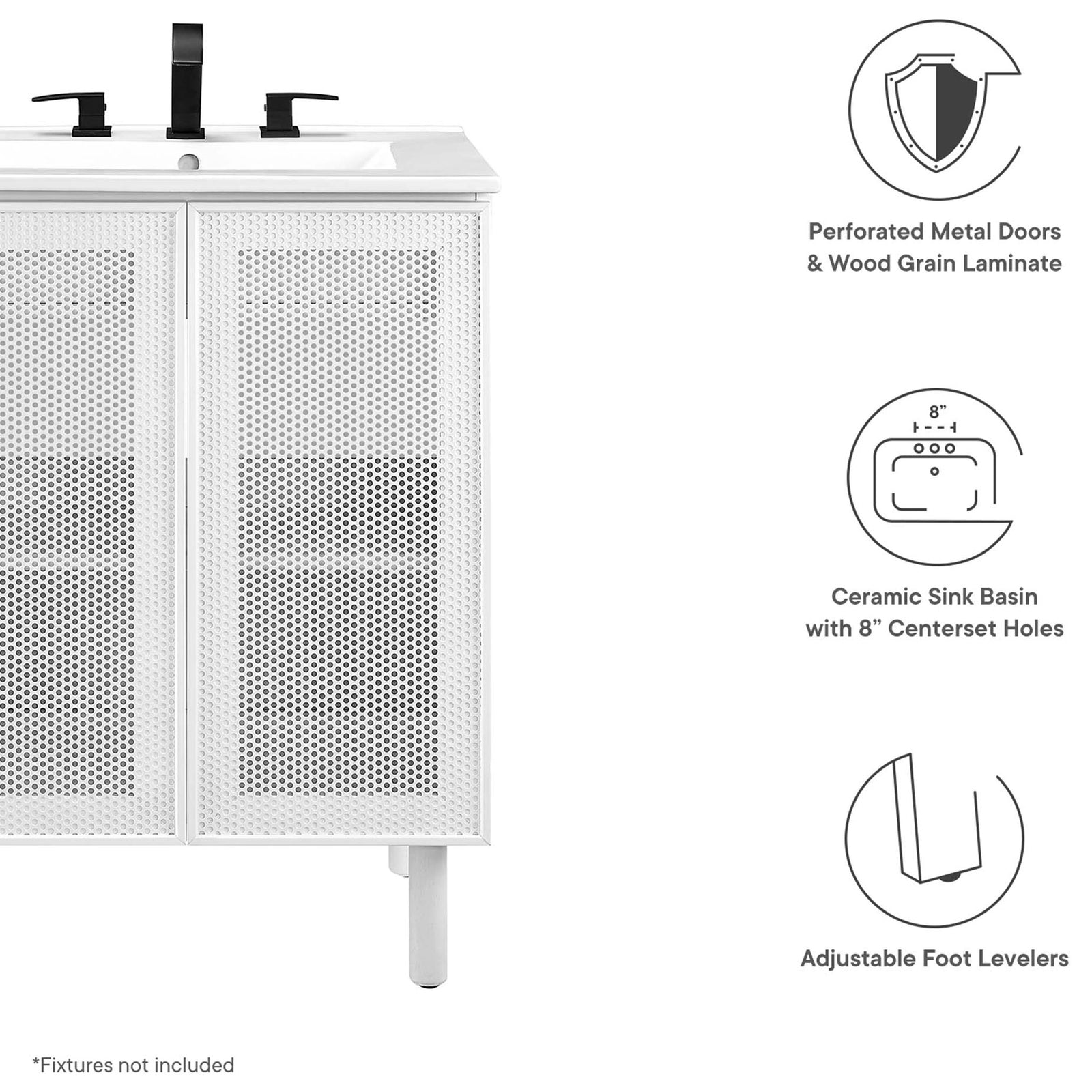 Perforated metal doors, ceramic sink with 8 in. centers, and adjustable foot levelers || EEI-6677-WHI-WHI || callout_studio