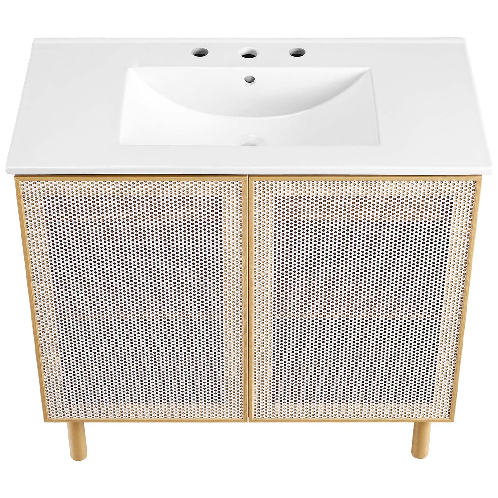 Generous ceramic sink top with three-hole faucet spacing complements the perforated facade. || EEI-6678-WHI-OAK || top_studio