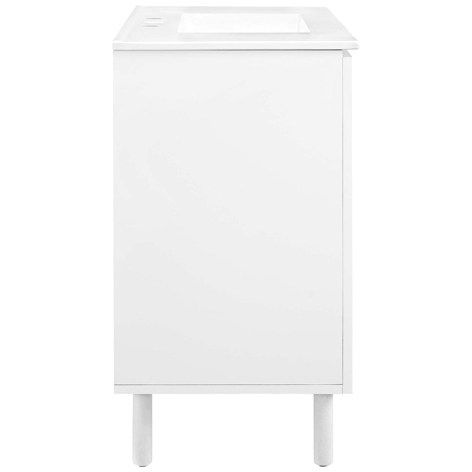 Clean side view highlighting the smooth laminate cabinet and tall round legs || EEI-6678-WHI-WHI || side_studio