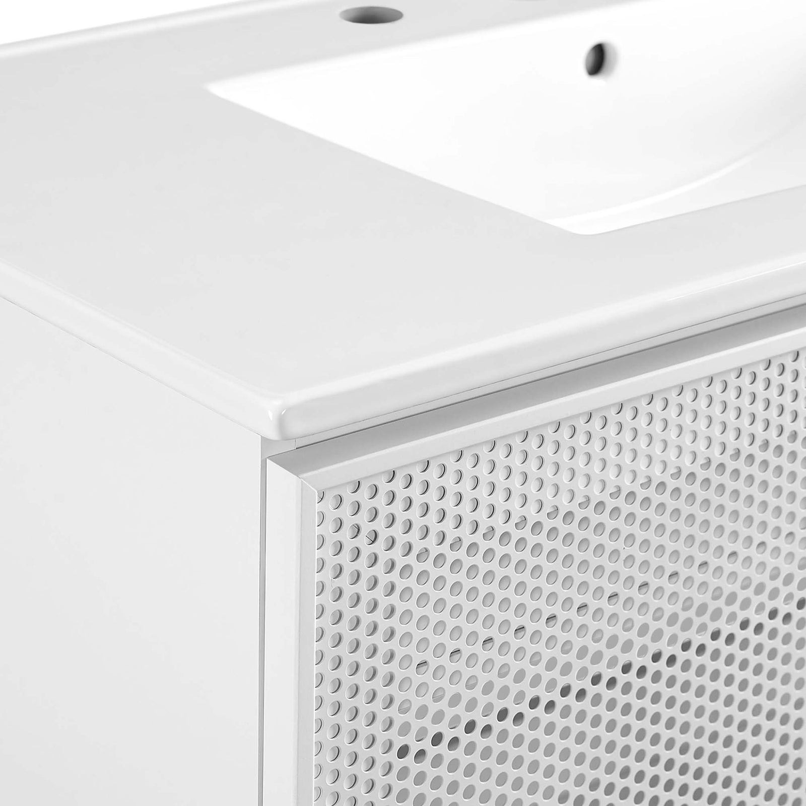 Perforated metal door texture pairs with the smooth ceramic top for modern appeal || EEI-6678-WHI-WHI || detail_studio