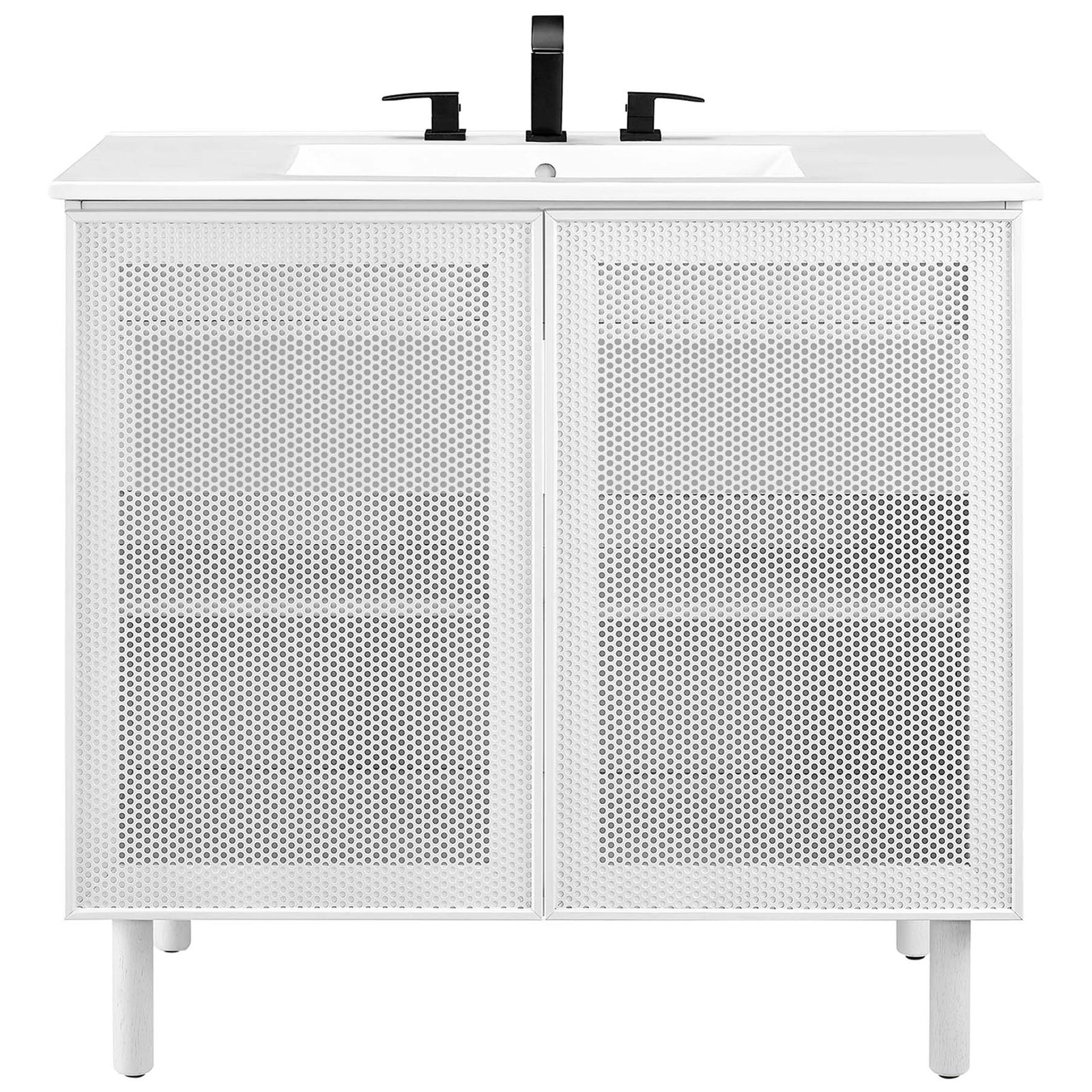 Spacious vanity with perforated doors and a sleek widespread faucet set || EEI-6678-WHI-WHI || front_studio