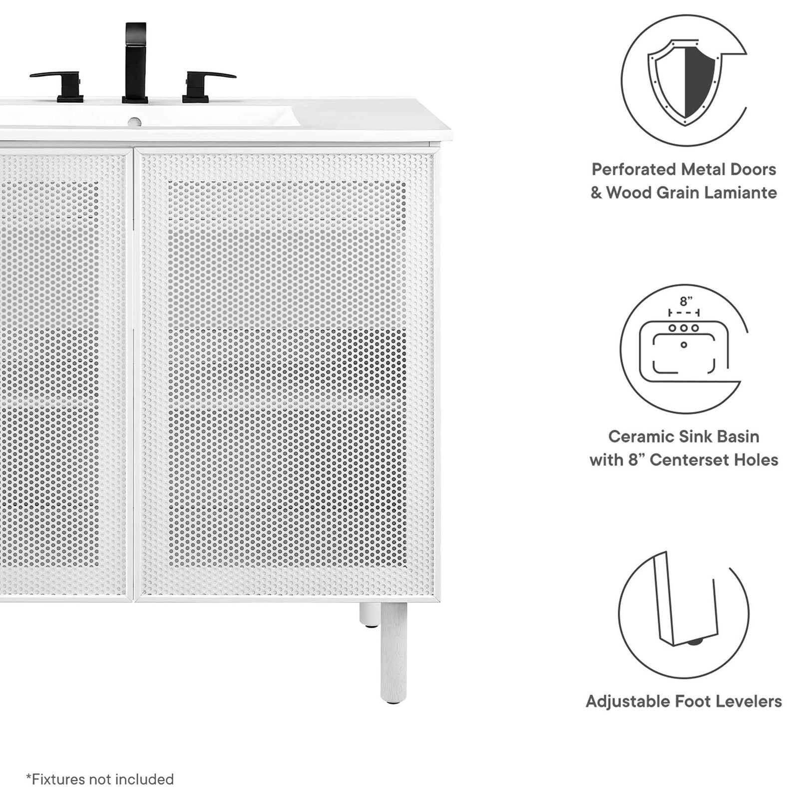 Perforated doors, ceramic sink with 8 in. centers, and adjustable foot levelers || EEI-6678-WHI-WHI || callout_studio