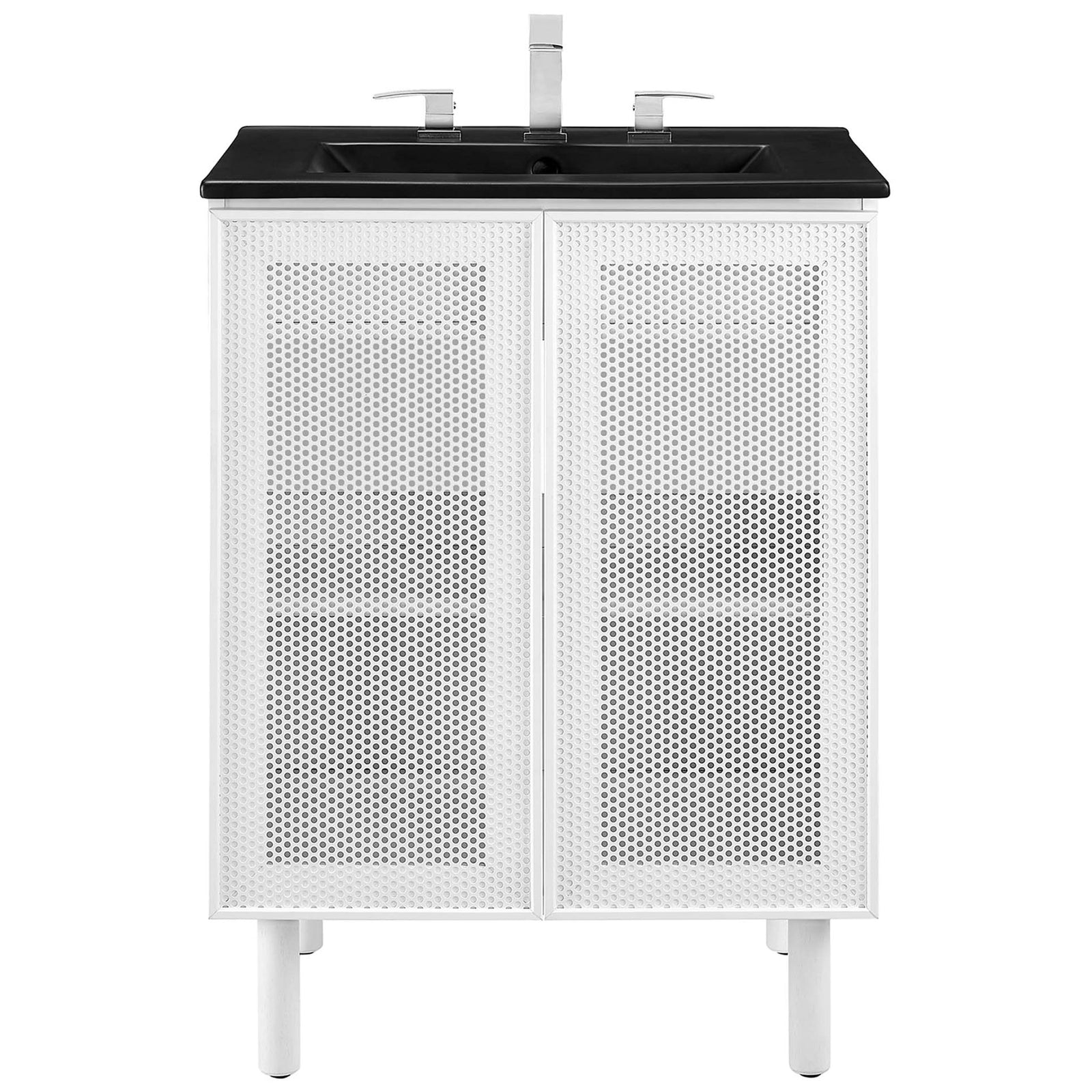 24-inch vanity pairs a matte black basin with crisp white perforated doors || EEI-6679-BLK-WHI || front_studio