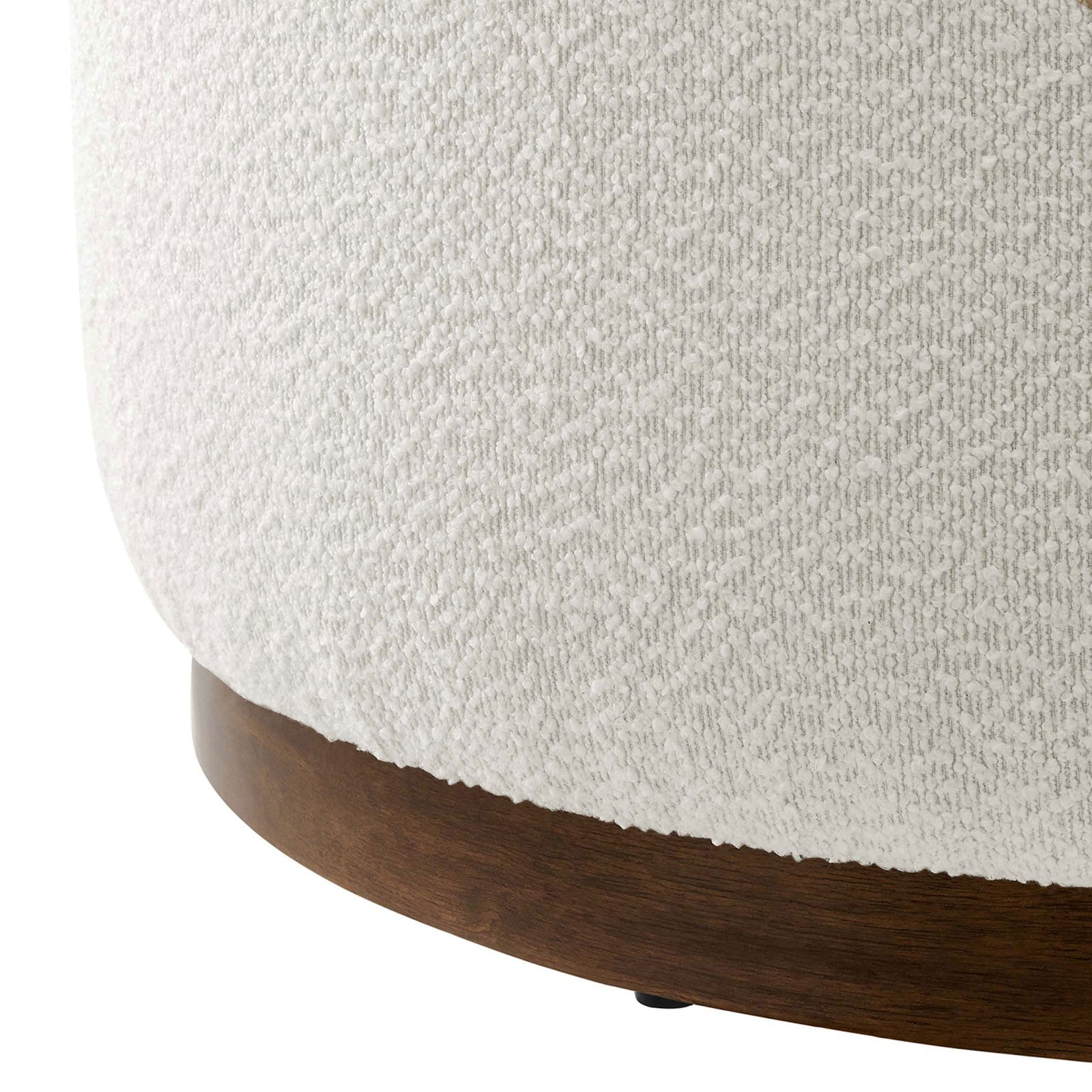 Boucle texture and walnut plinth base detail on the round cloud ottoman || EEI-6681-CLO-WAL || detail_studio