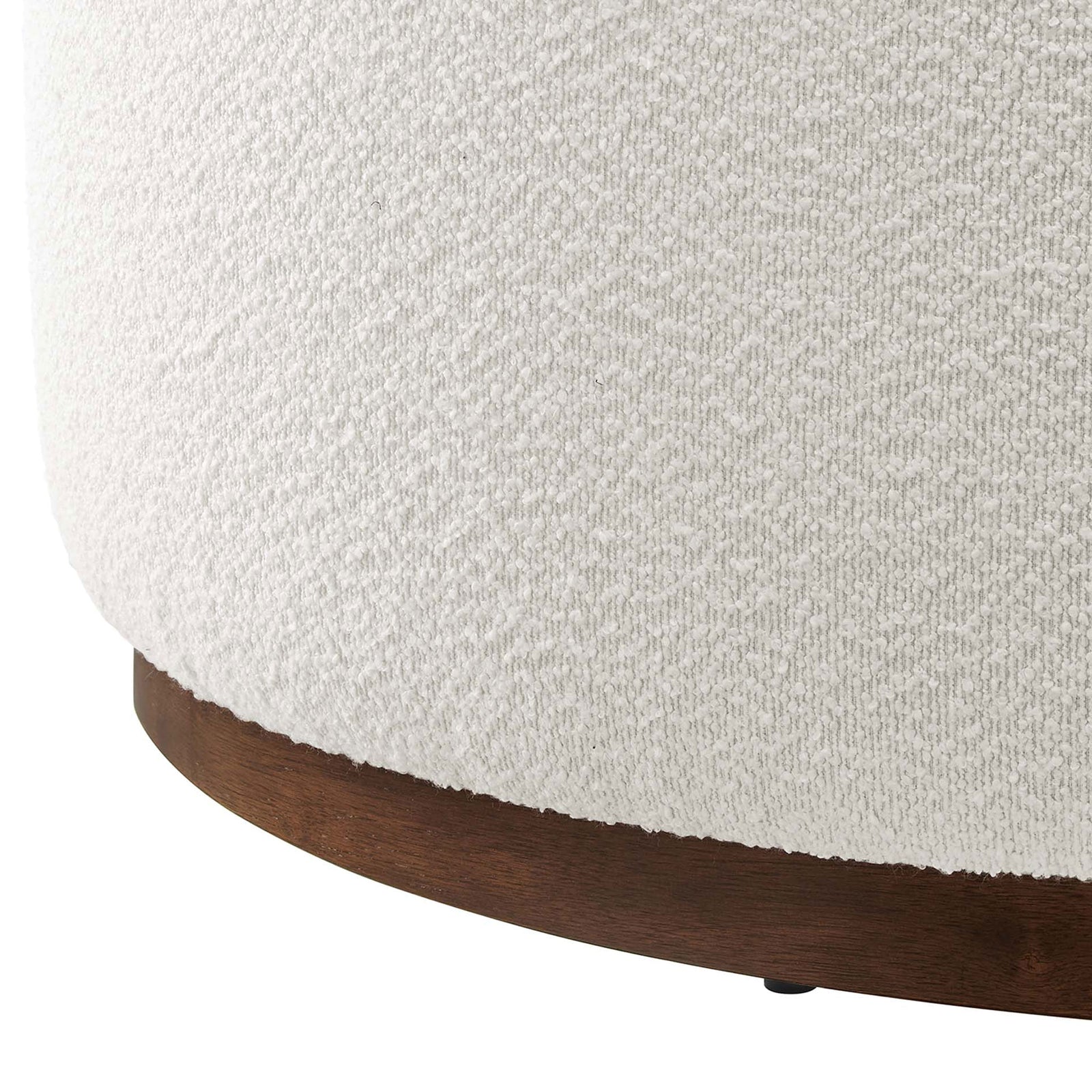 Textured boucle fabric and rich walnut base detail on the large round ottoman || EEI-6682-CLO-WAL || detail_studio