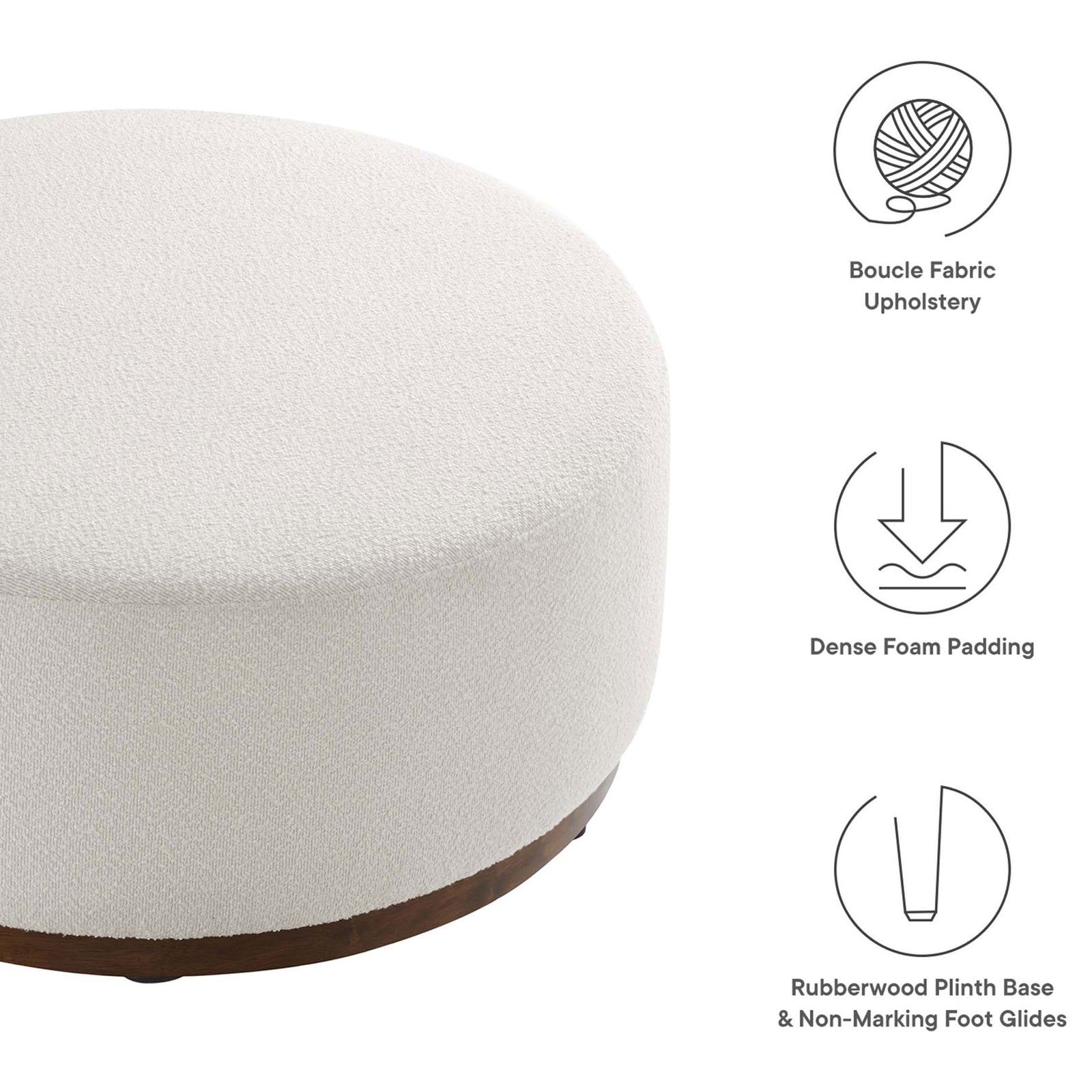 Large cloud boucle ottoman showcasing plush padding and smooth walnut plinth base icons || EEI-6682-CLO-WAL || callout_studio