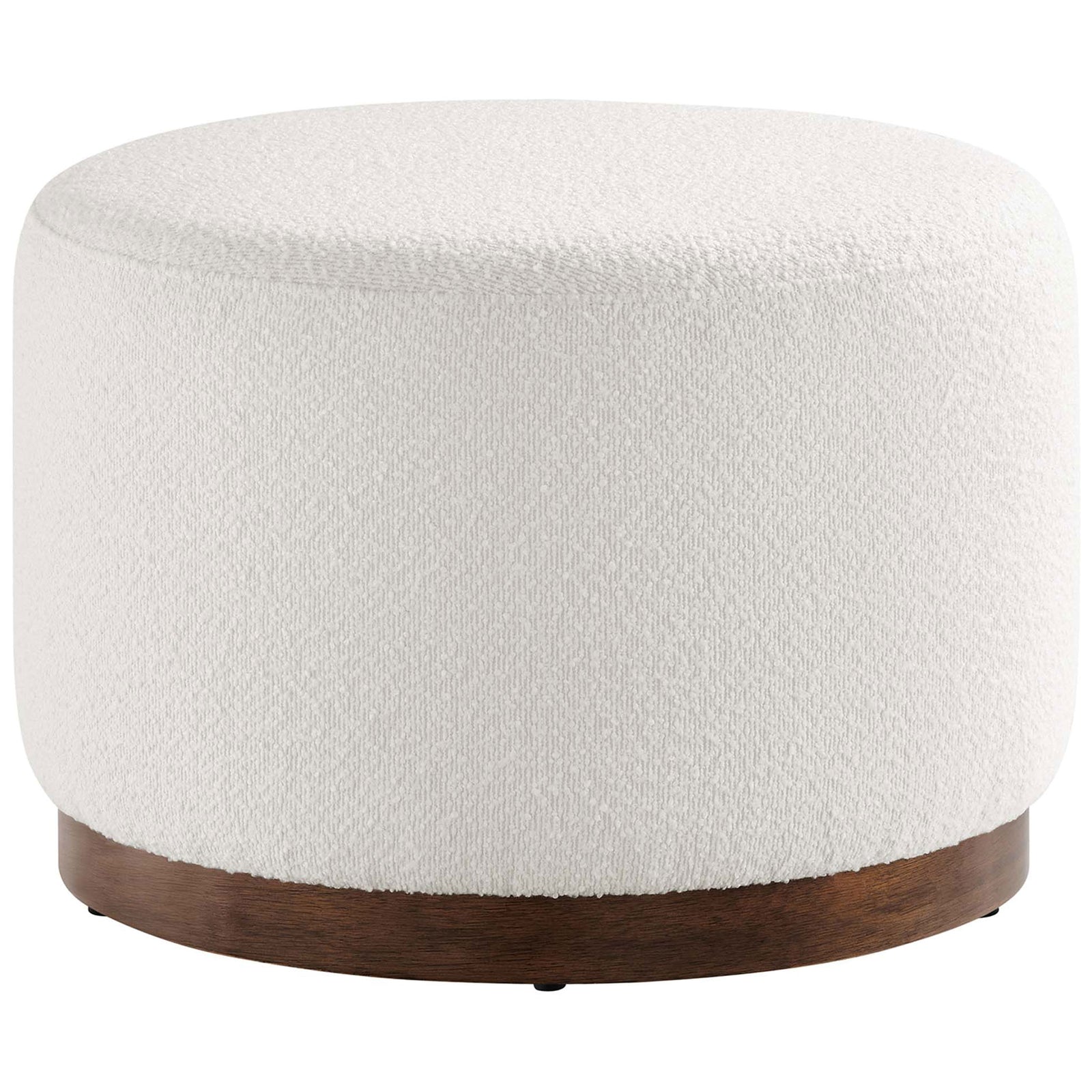 Round white boucle ottoman with warm walnut plinth base adds soft texture to any living space || EEI-6683-CLO-WAL || front_studio