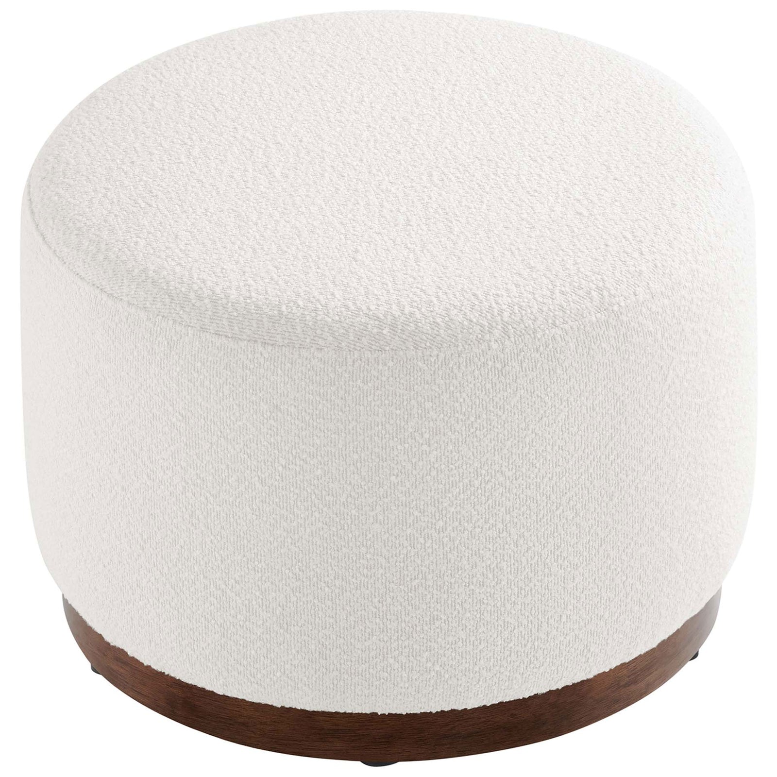 Generously cushioned round ottoman in cloud boucle with a contrasting walnut base for modern style || EEI-6683-CLO-WAL || front_angle_studio