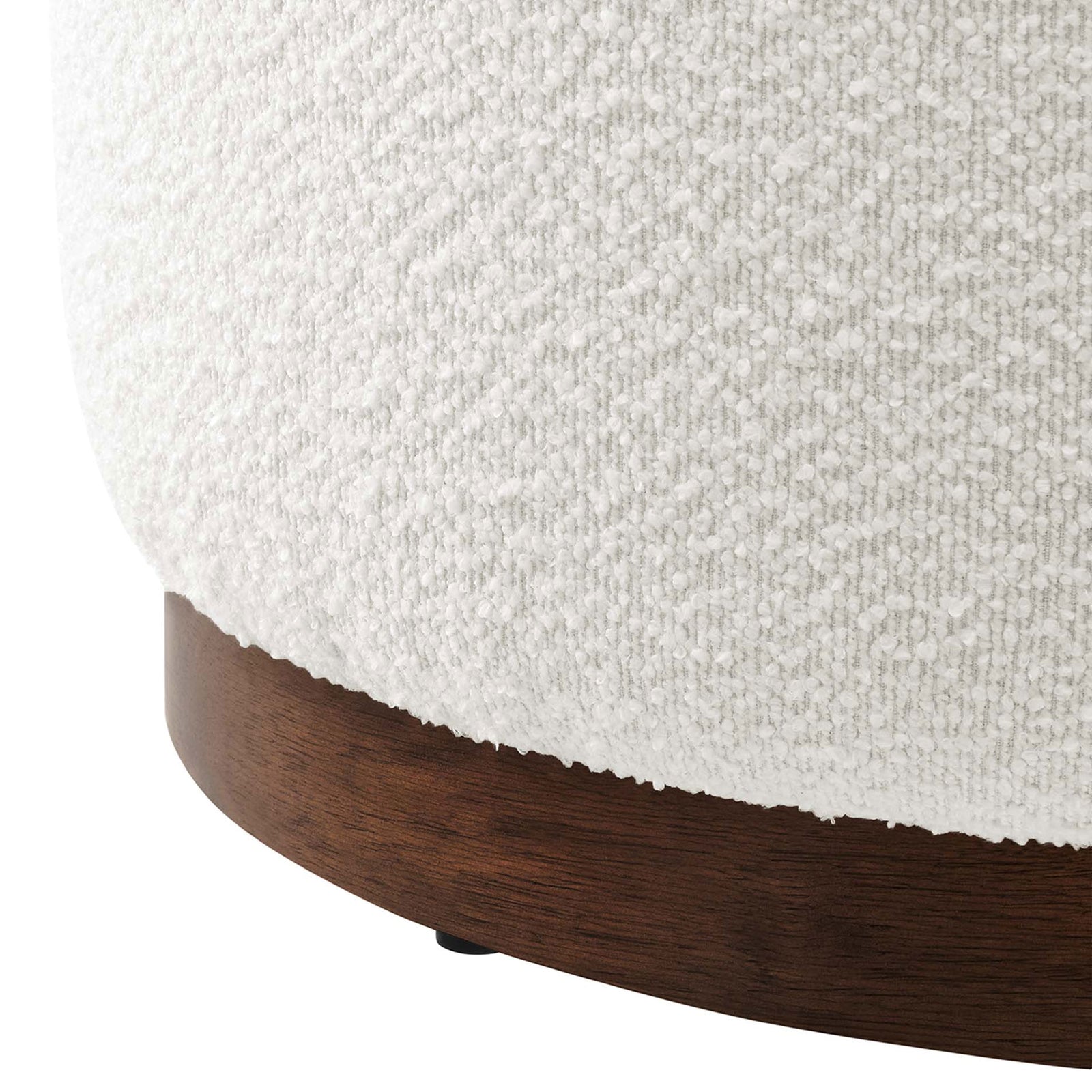 Nubby cloud boucle upholstery meets rich walnut plinth base for a cozy, tailored ottoman look || EEI-6683-CLO-WAL || detail_studio