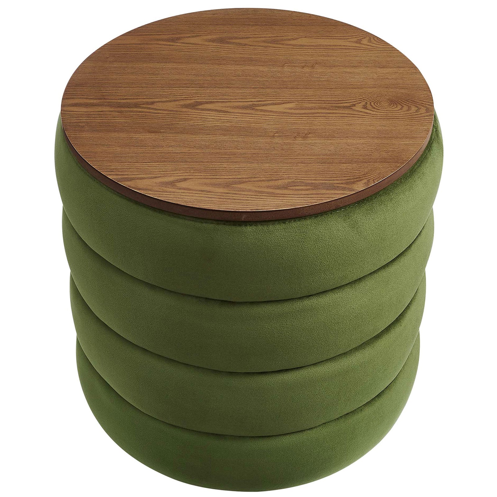 Top view of the Mezzo ottoman showing the warm wood grain lid framed by plush moss green velvet || EEI-6684-MOG || top_studio