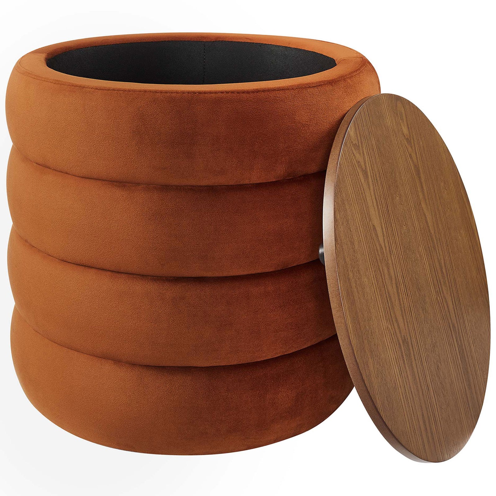 Rust velvet ottoman with lid removed revealing spacious black-lined storage compartment || EEI-6684-RUS || front_angle_open_studio