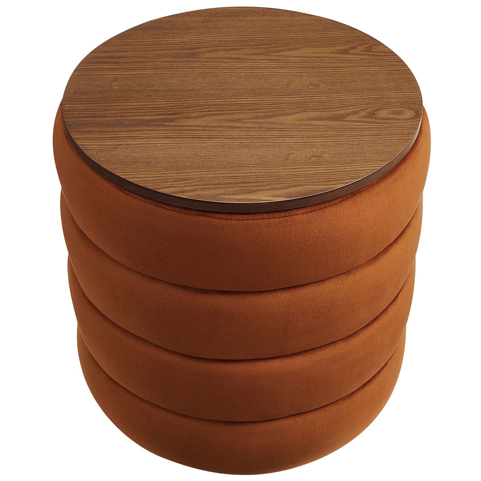 Wood grain round tabletop lid capping the plush rust velvet ottoman base || EEI-6684-RUS || top_studio