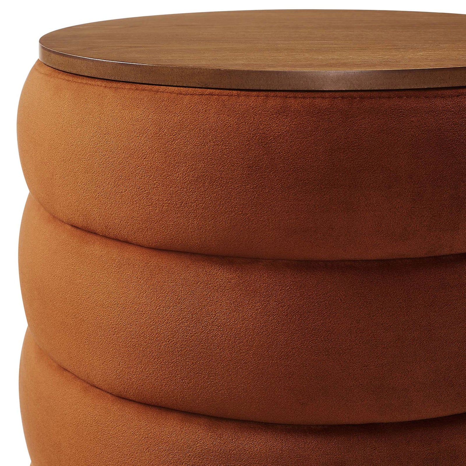 Rich rust performance velvet upholstery with neatly tailored channel tufting and smooth wood lid edge || EEI-6684-RUS || detail_studio
