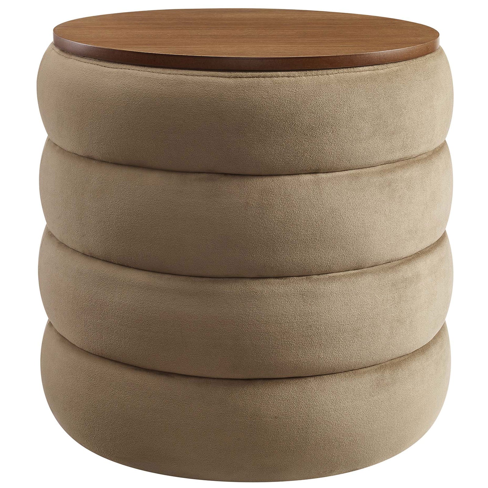 Round taupe velvet storage ottoman with wood grain lid and plush channel tufted profile || EEI-6684-TAU || front_studio