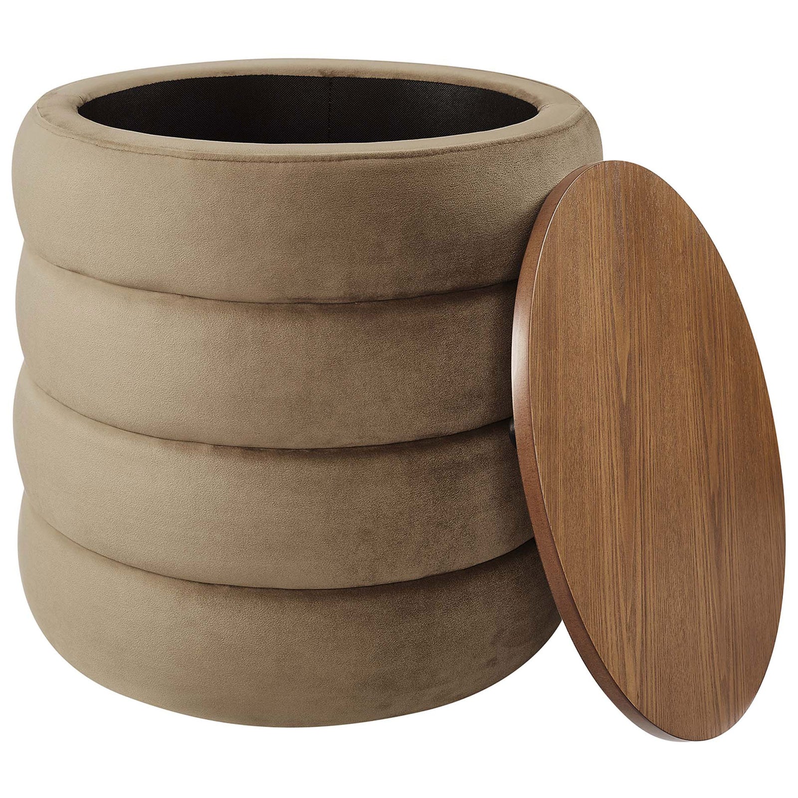 Storage ottoman with taupe velvet base and wood lid lifted to reveal roomy interior compartment || EEI-6684-TAU || front_angle_open_studio