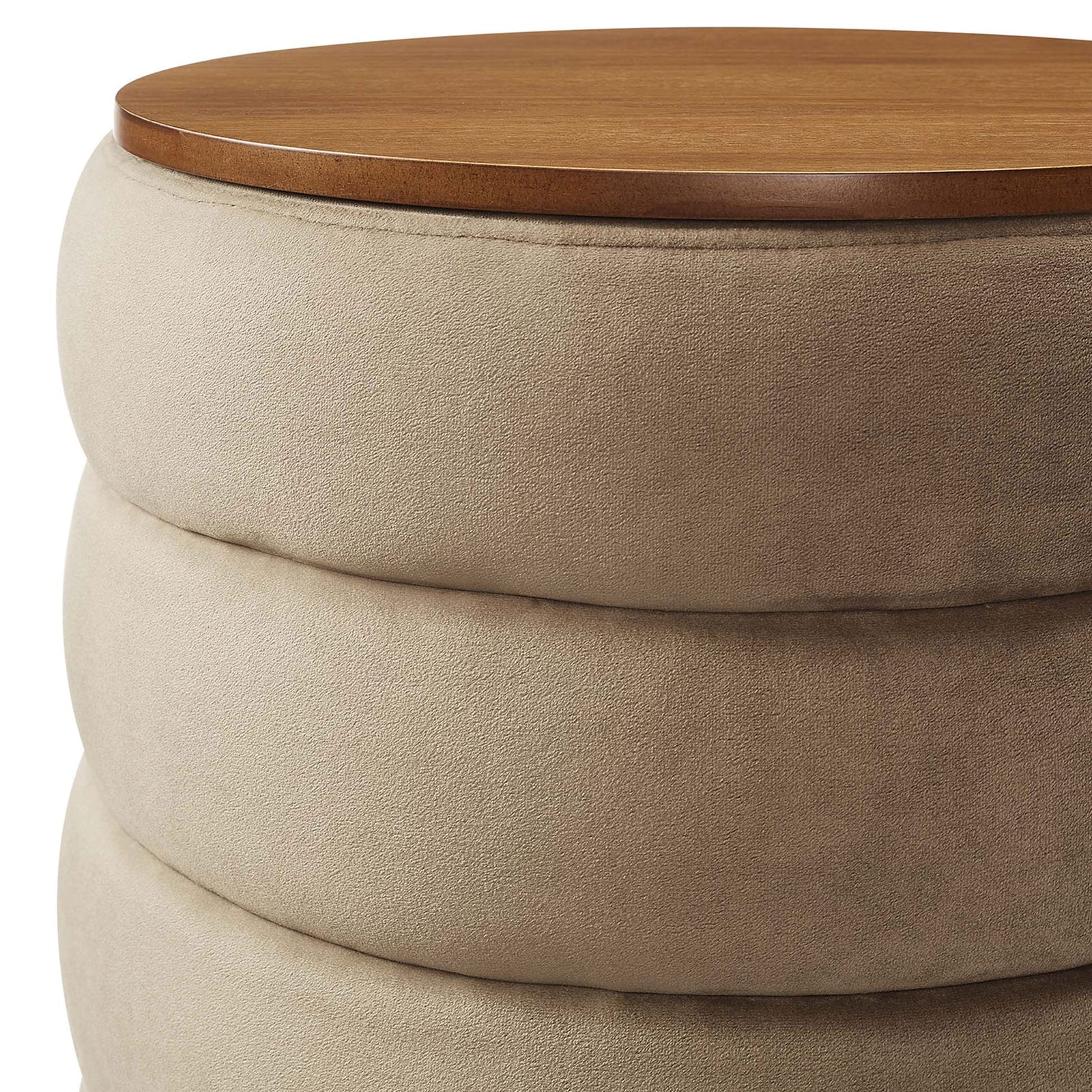 Taupe performance velvet upholstery and wood grain lid edge on the round storage ottoman || EEI-6684-TAU || detail_studio